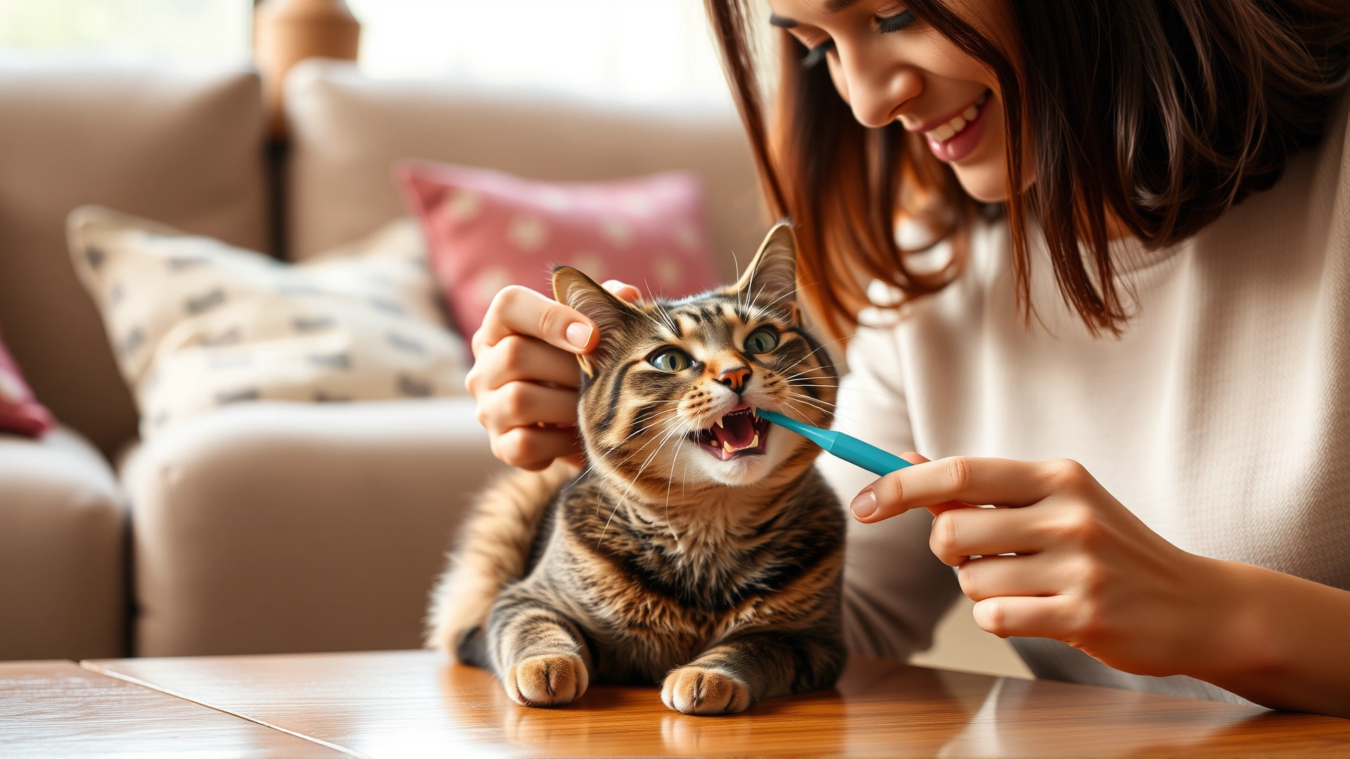 Cat owner at home gently brushing their cat's teeth with a small pet toothbrush, cozy living room background, warm lighting