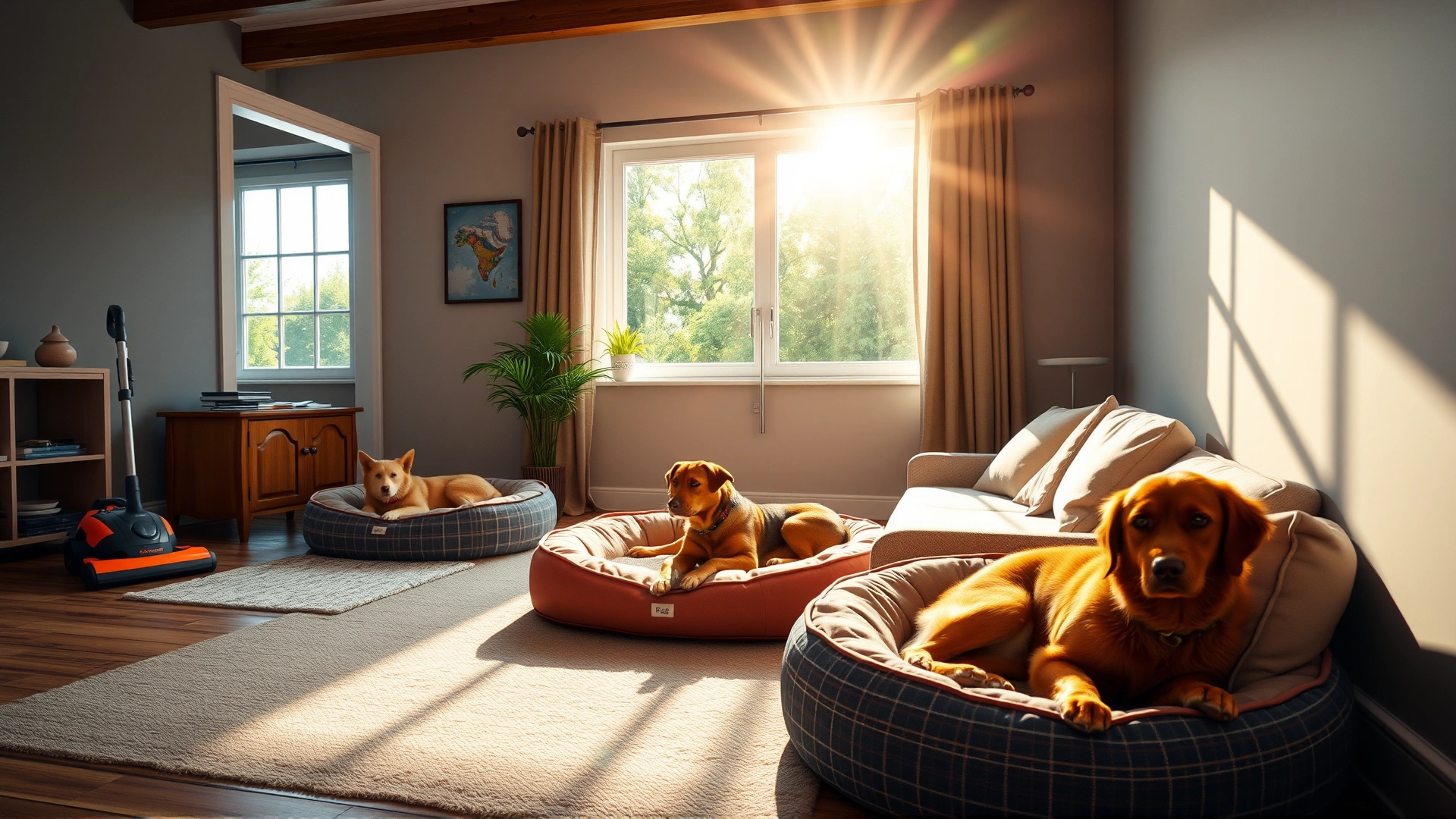 Living room with dog beds, a vacuum cleaner in the background, and sunlight streaming through a window, symbolizing environmental cleaning.