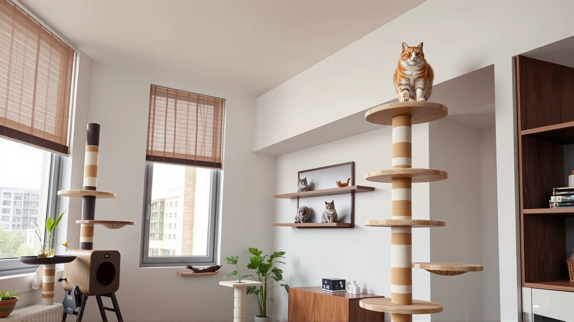 Modern apartment interior featuring tall cat trees, window perches, and puzzle feeders, with a Turkish Angora cat perched proudly on the highest platform.