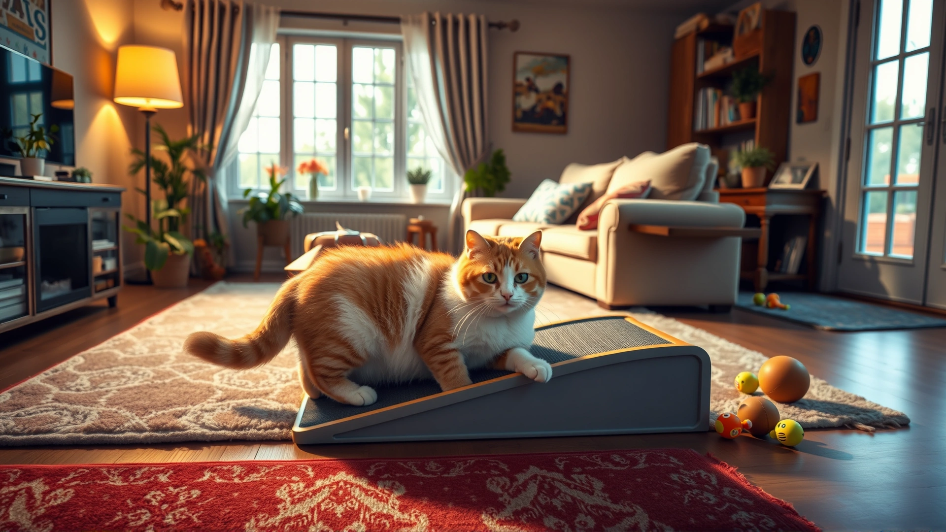 Cozy living room adapted for a disabled cat: non-slip rugs, low ramps to furniture, toys scattered safely, warm ambient light, no text.