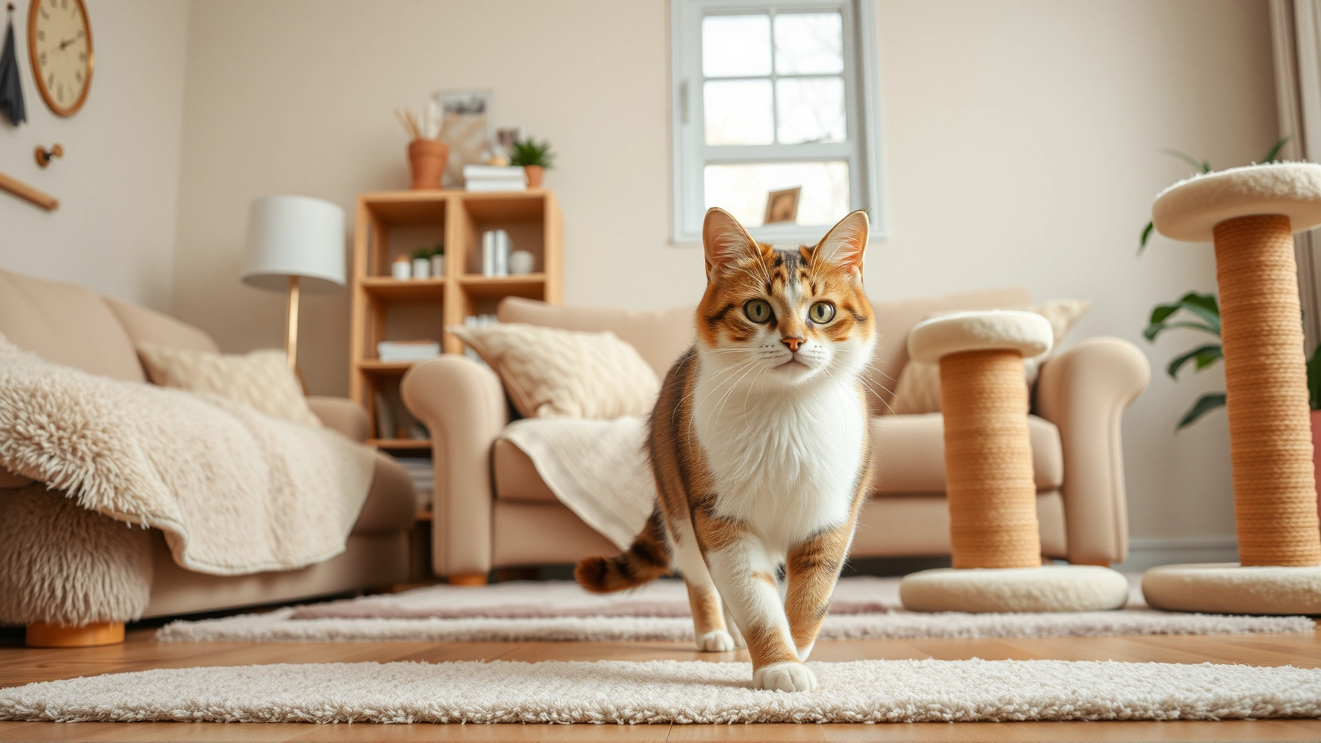 Cozy living room with plush furniture, padded scratching posts, and a relaxed domestic cat walking safely, illustrating an adapted home environment for a fragile-skinned cat