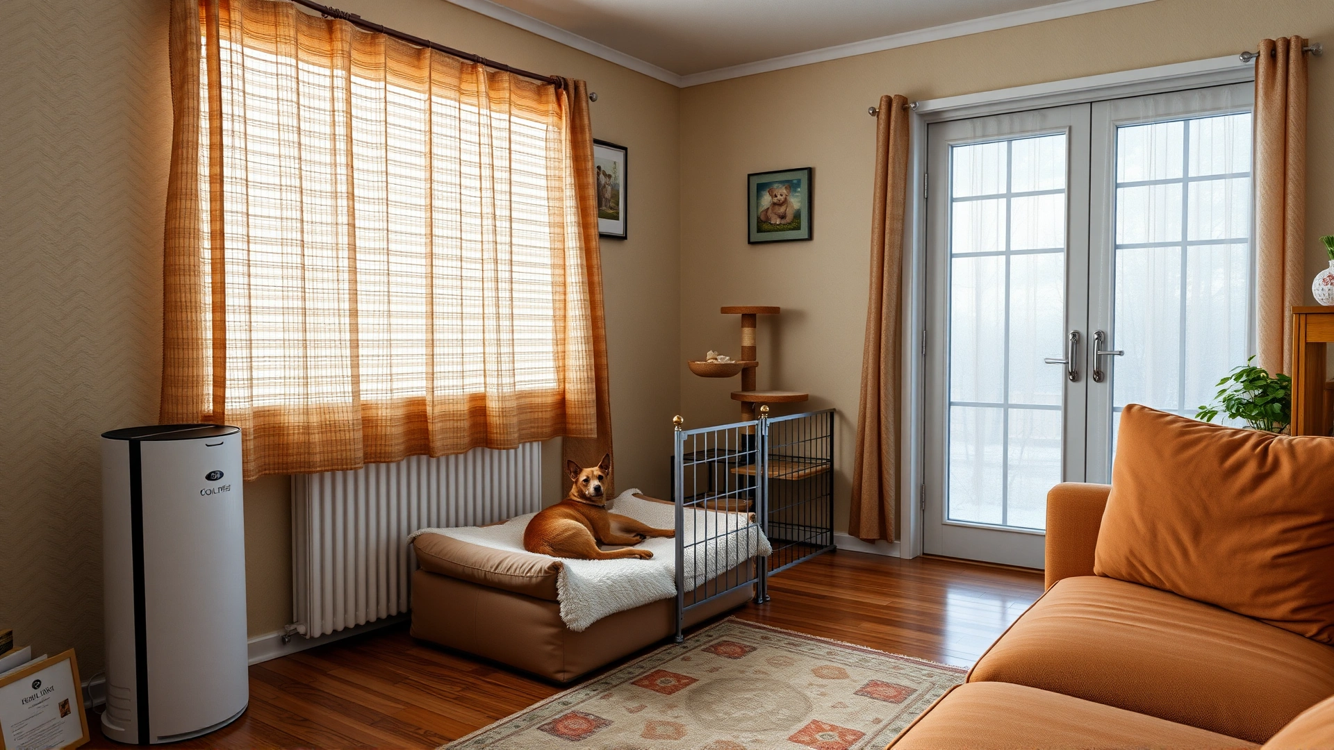 Cozy living room with visible air purifier, cat tree in the corner, and a dog bed separated by a small gate.
