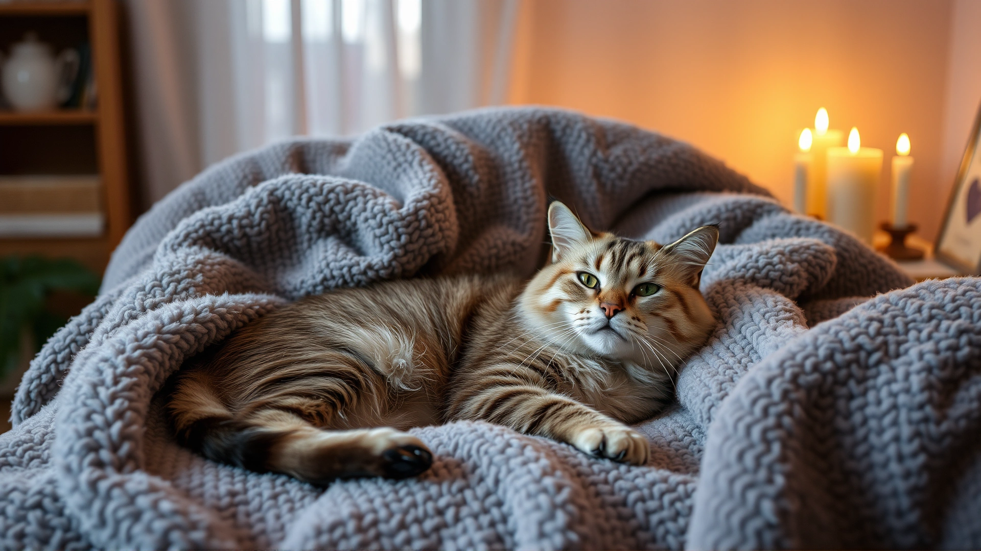 A cozy home setting prepared for in-home cat euthanasia, with candles, a plush blanket, and a relaxed elderly cat with its owner beside