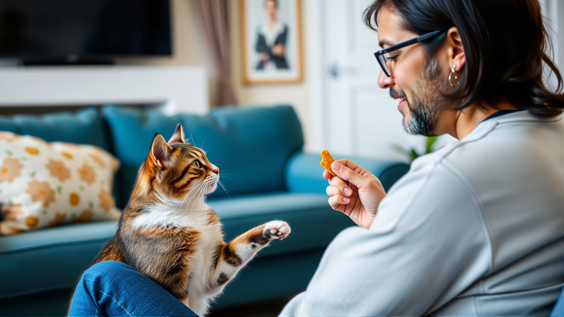 Owner gently touching a cat’s paw and offering a treat in a cozy living room; illustrates handling desensitization at home.