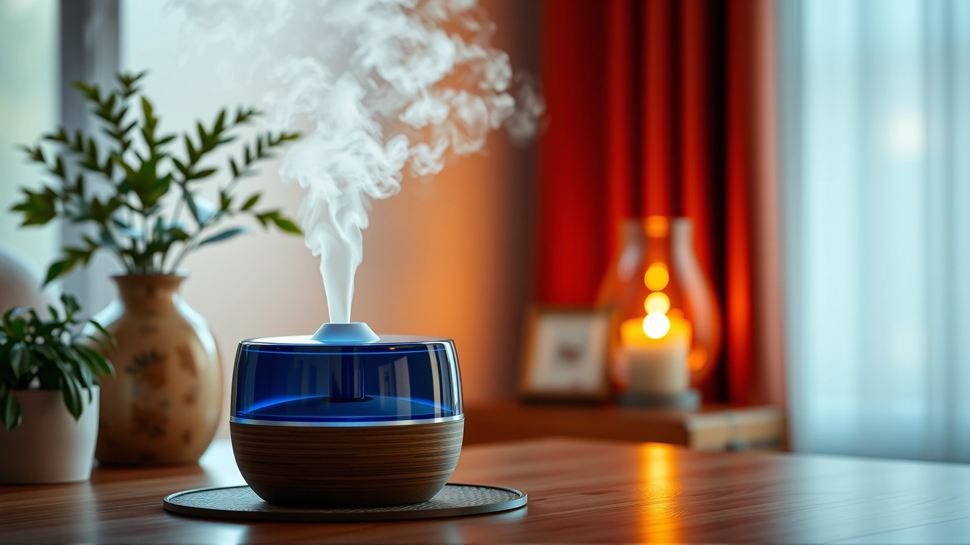 Compact cool-mist humidifier releasing visible mist in a cozy home environment, soft lighting