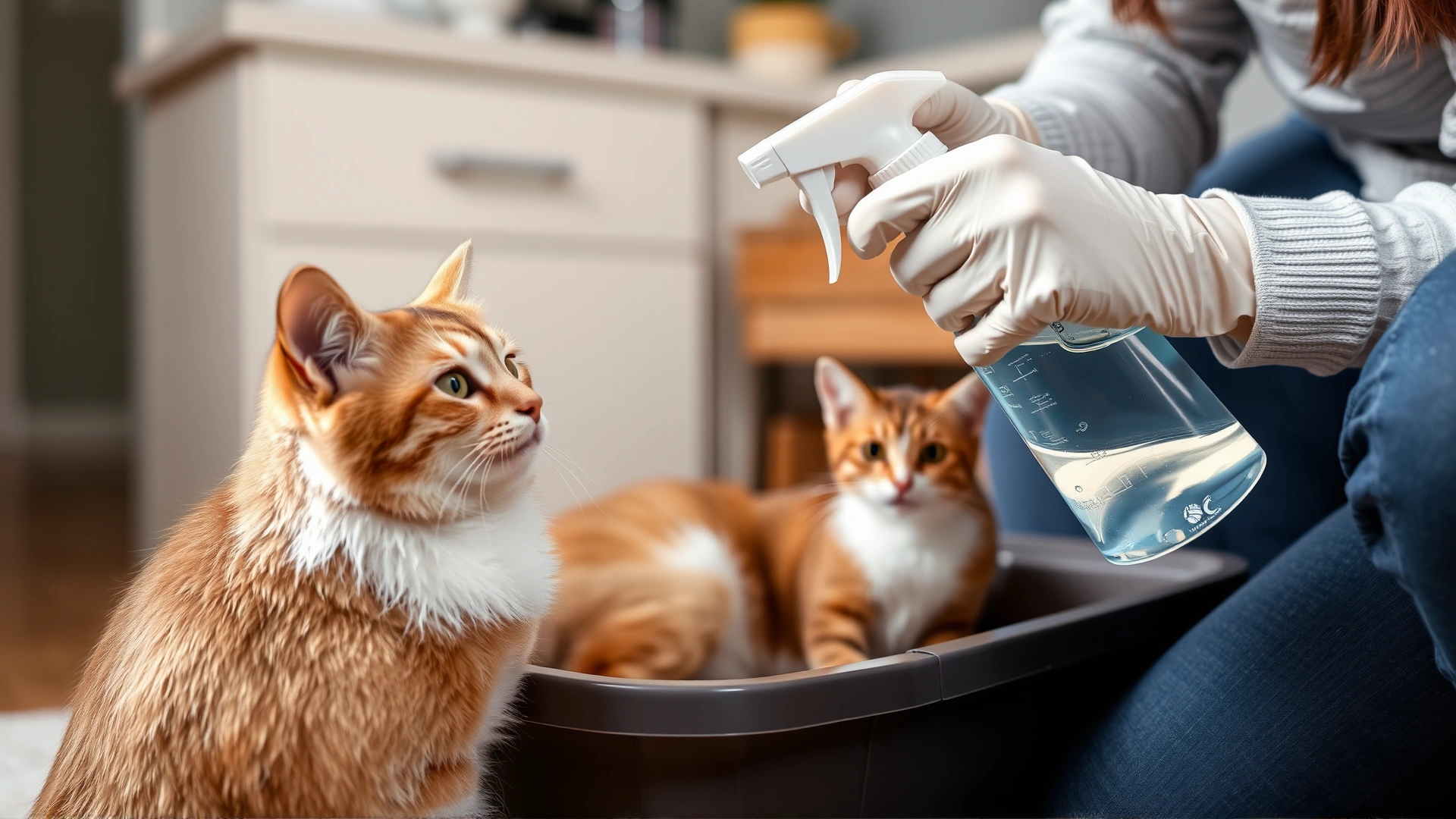 Pet parent wearing gloves while disinfecting a cat litter box in a clean home environment.