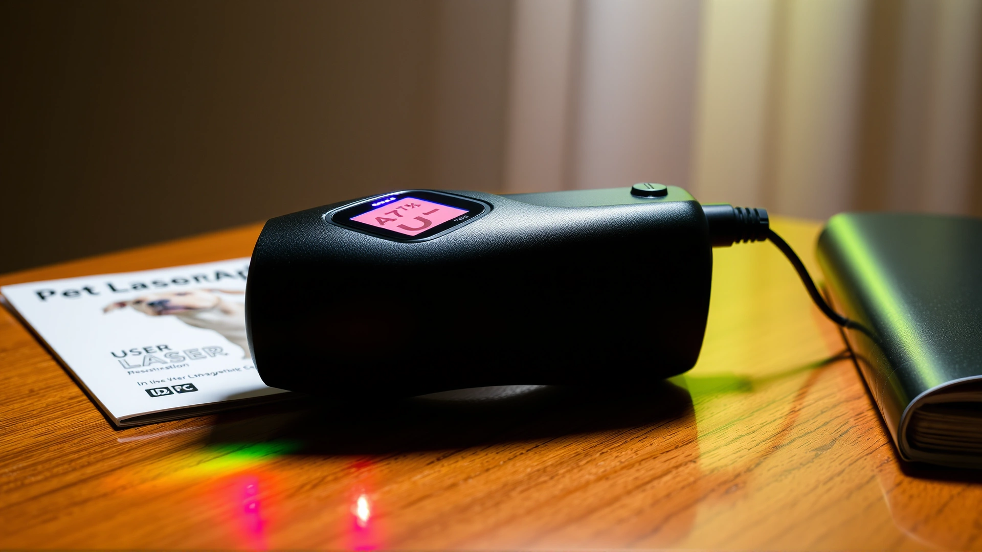 A handheld pet laser therapy device with LED display placed on a wooden table next to user manual, bright lighting