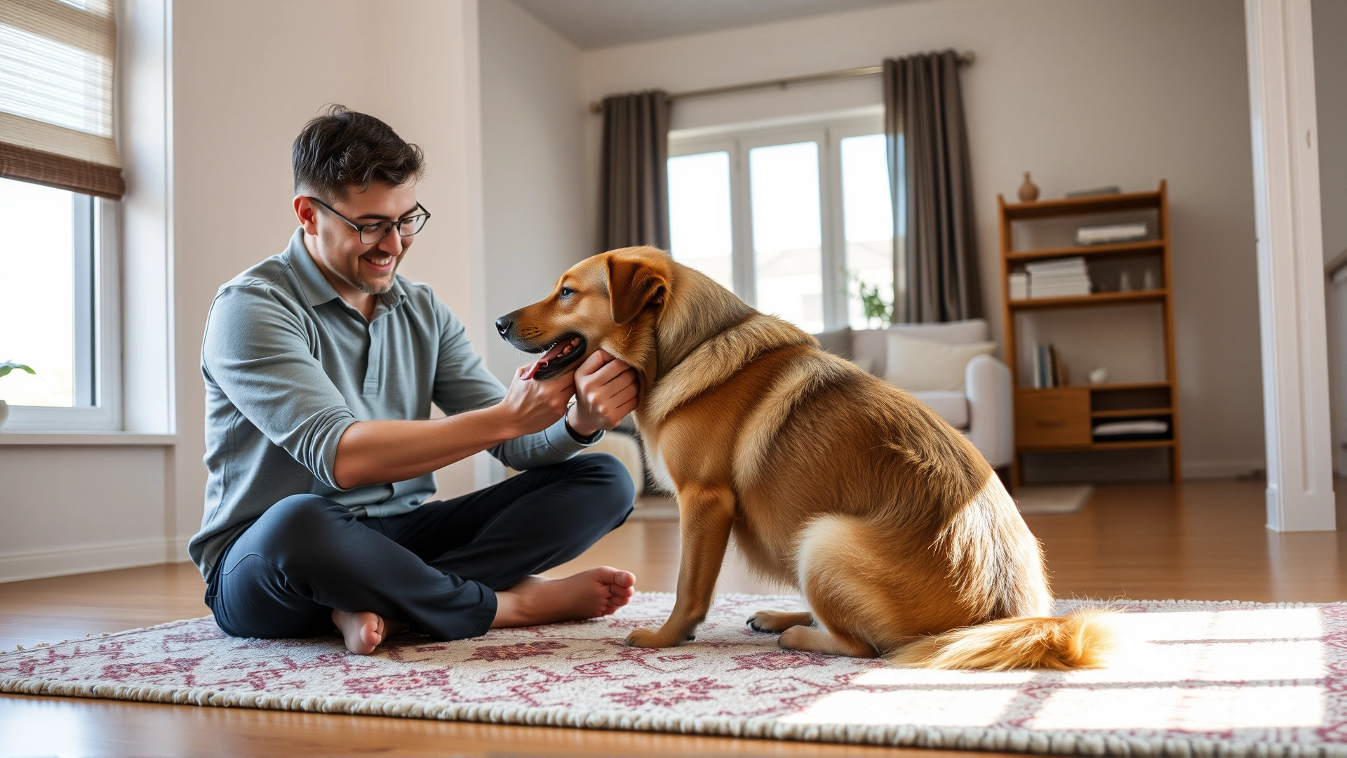 Owner sitting cross-legged on a living-room rug gently massaging the front leg of a medium-sized dog; natural daylight coming through a window
