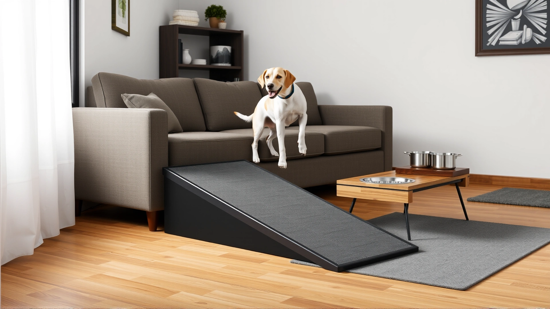 Indoor scene showing a dog ramp leading to a sofa, non-slip rugs, and an elevated dog bowl setup