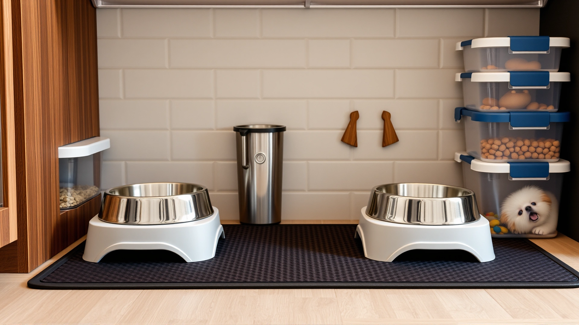 Interior kitchen view showing elevated pet food and water bowls on a non-slip mat next to easy-access storage containers; no people, clean and organized.
