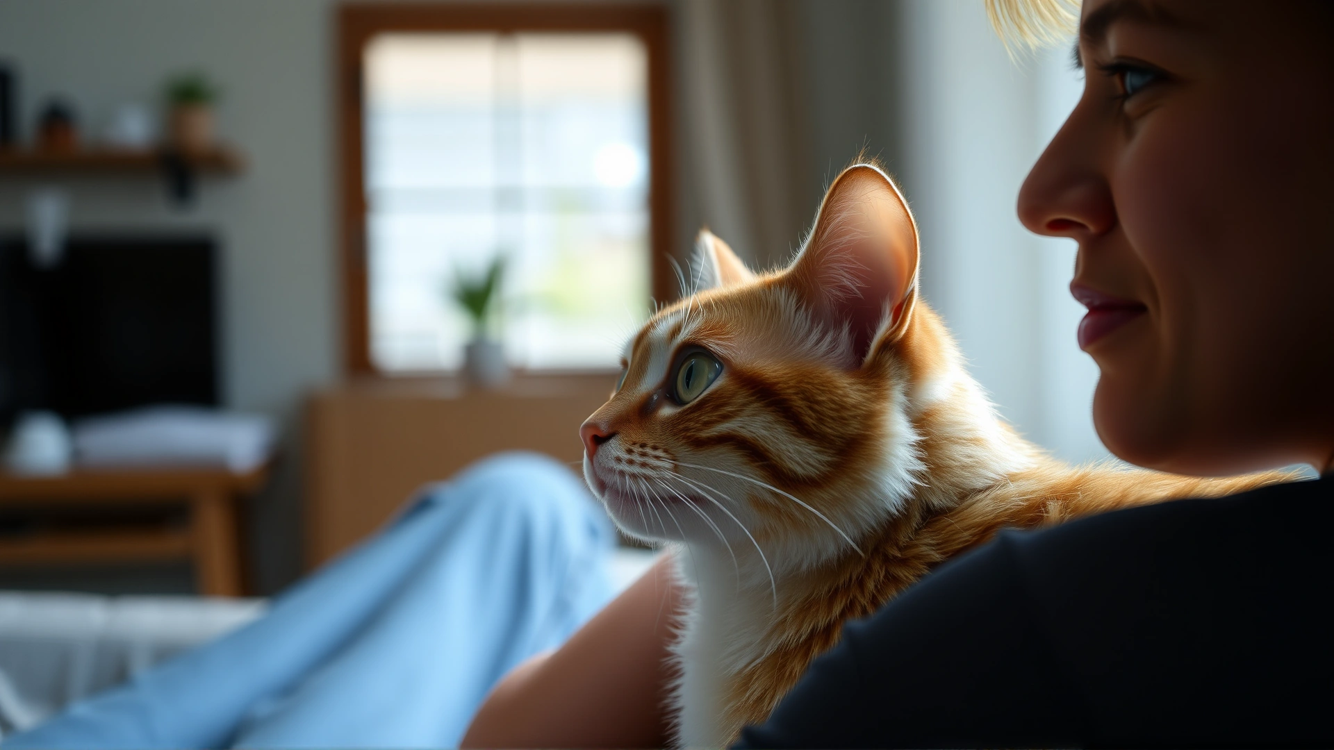 Cat owner sitting at home observing their cat's eyes in soft indoor light, showing attentive care