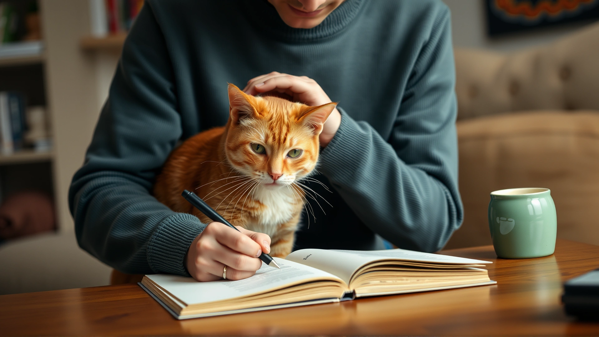 Cat owner gently palpating their orange cat's shoulder while writing notes, cozy home setting
