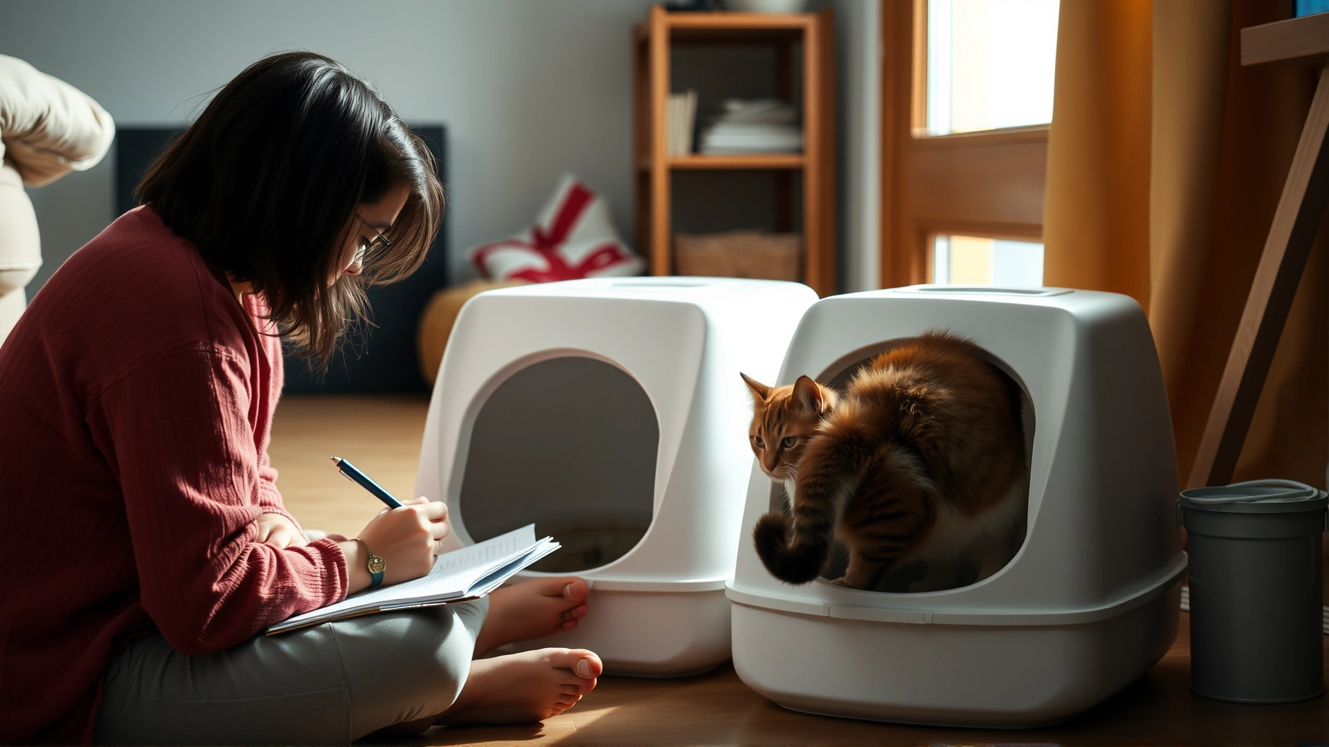 Cat owner sitting on floor next to litter box, writing notes while observing cat behavior; cozy home setting