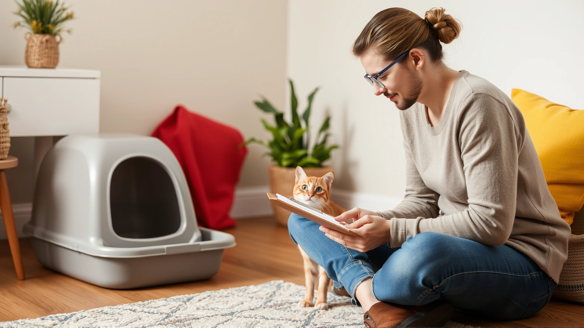 Pet owner writing notes on a clipboard while observing their cat near a clean litter box at home