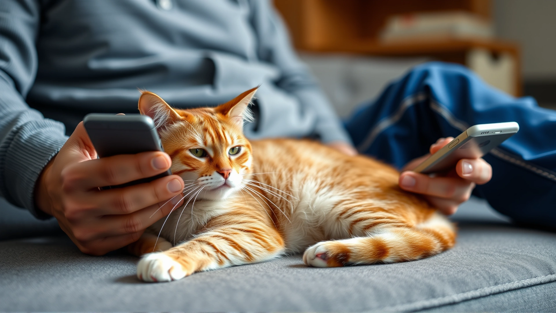 Cat owner sitting on a couch using a smartphone app to log cat health data while the cat rests comfortably beside them