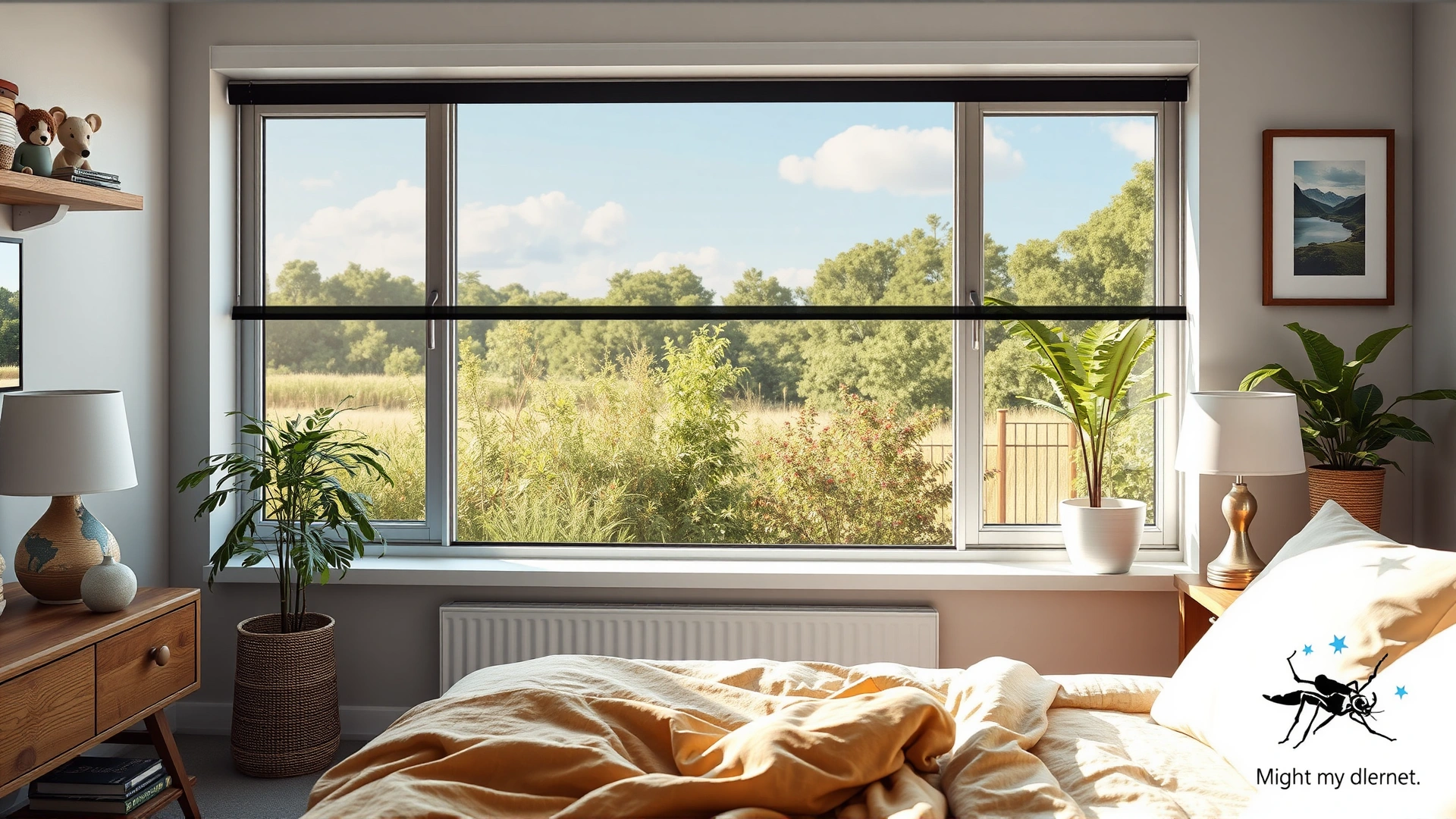Cozy living room with dog resting on a bed near a window protected by fine mesh screen on a summer day, illustrating mosquito control at home.