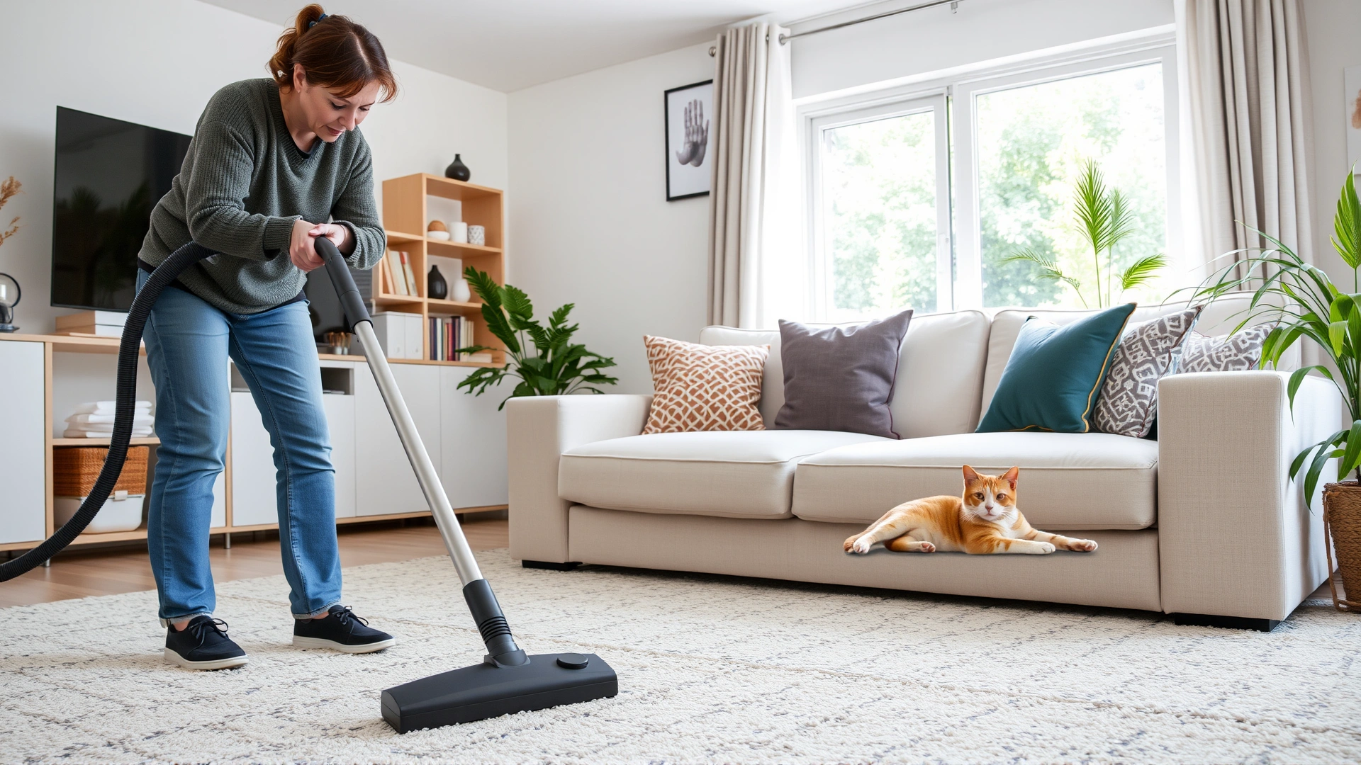 Cat owner vacuuming a bright living room while the cat lounges on the sofa, demonstrating allergen control at home.