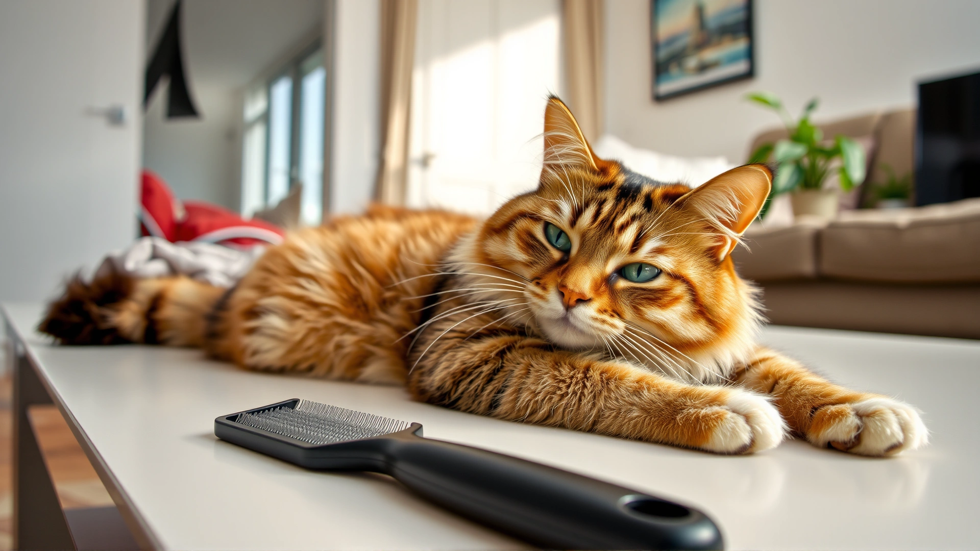 A relaxed cat lounging in a clean living room with grooming tools and a flea comb placed neatly nearby, bright and inviting atmosphere.