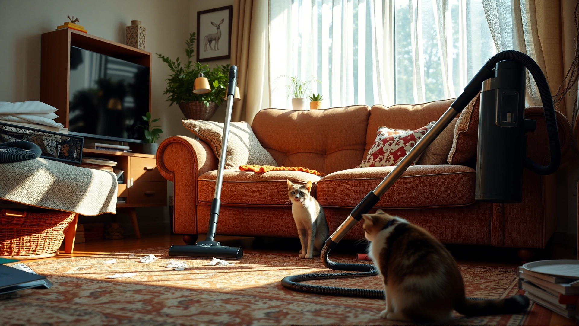Cozy living room corner being vacuumed and decluttered while an indoor cat watches nearby, illustrating household pest prevention, warm natural light