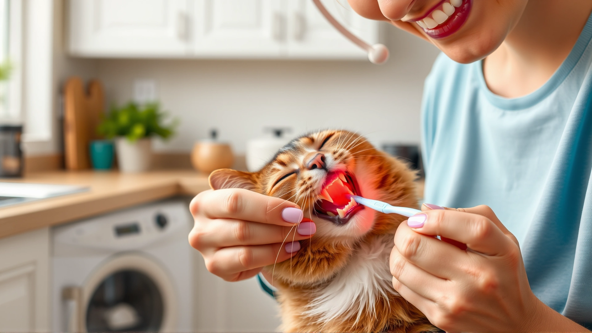 Cat owner brushing a cat's teeth with a pet toothbrush in a bright kitchen, depicting home dental care to prevent swelling