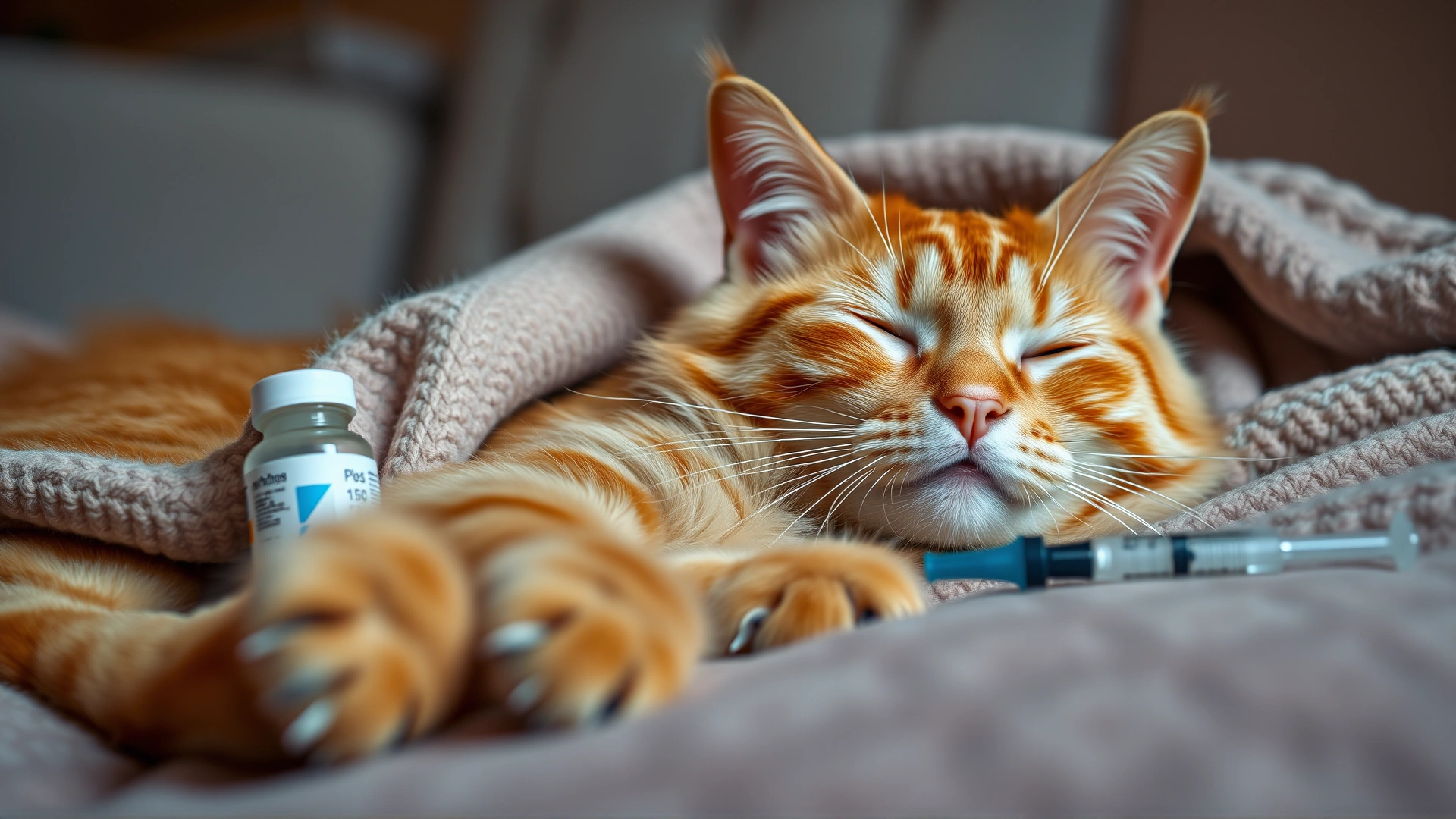 Recovered orange tabby cat resting comfortably on a cozy blanket at home with a small pill bottle and syringe nearby, warm ambient lighting, no text