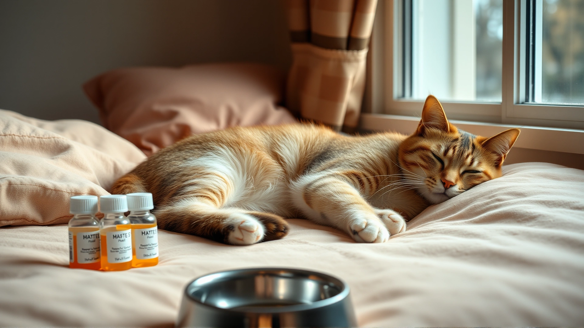 Cozy domestic scene with a recovered cat resting on a plush bed near a window, a small set of medication bottles and a food bowl in the foreground.