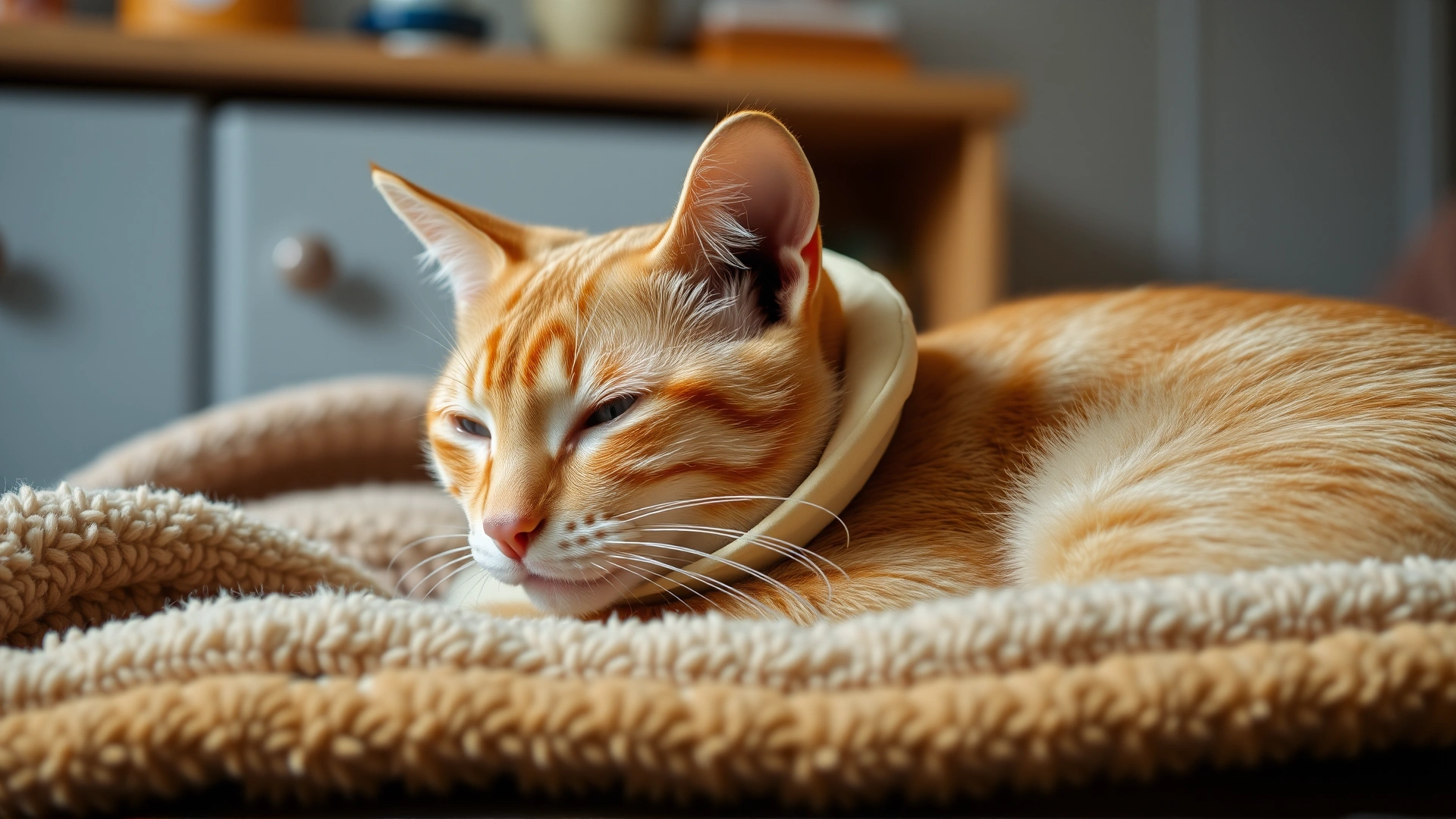 Orange tabby cat wearing a soft protective collar resting comfortably on a plush blanket in a cozy home environment, warm lighting.