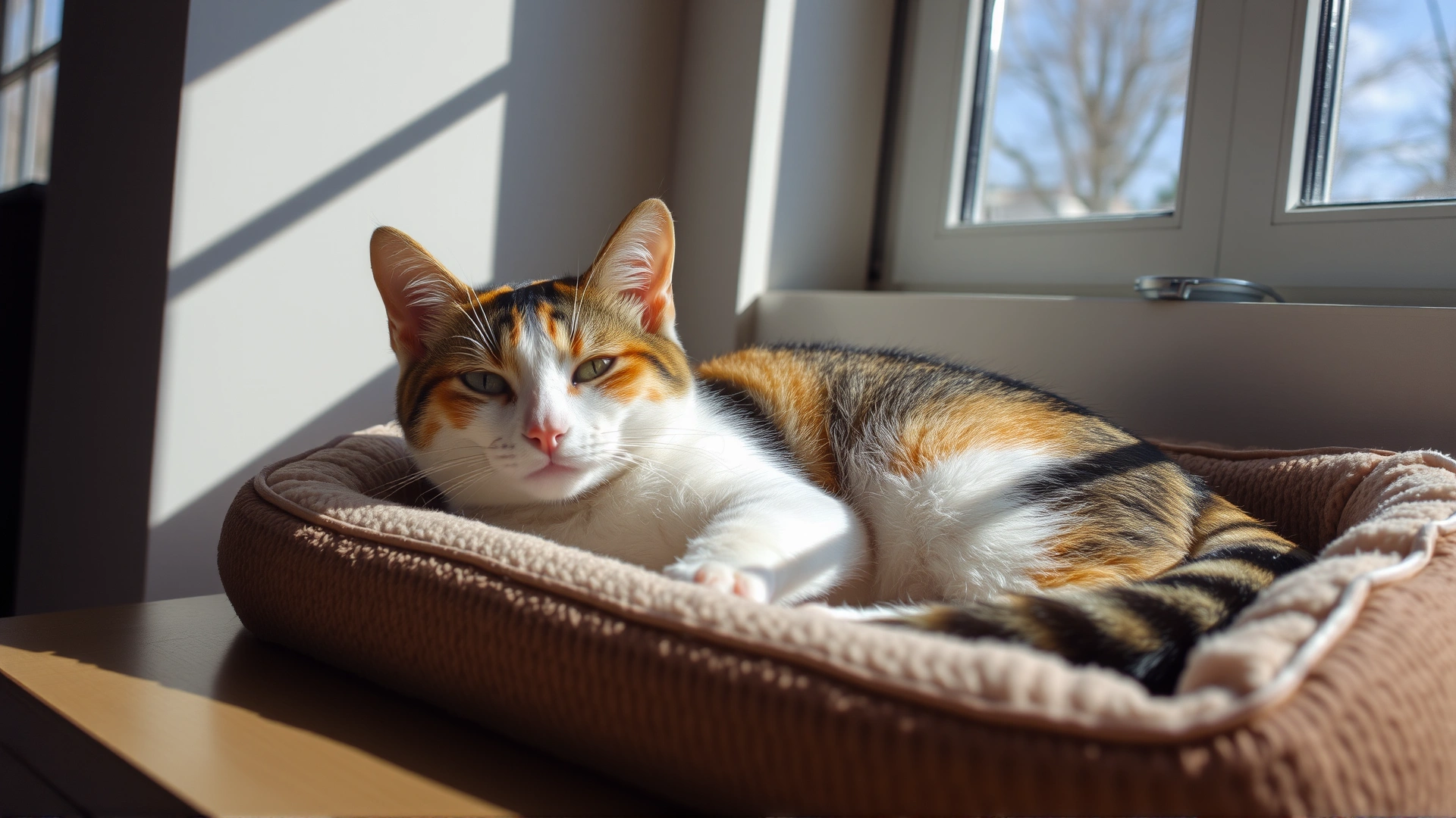 Calico cat resting comfortably on a soft heated pet bed near a sunny window, looking relaxed and content.