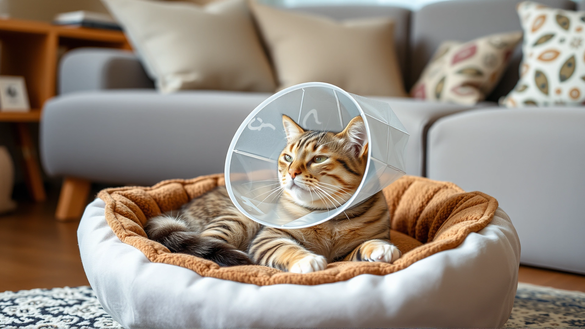 Cozy living room with a domestic cat resting comfortably in a padded pet bed while wearing a soft recovery cone.