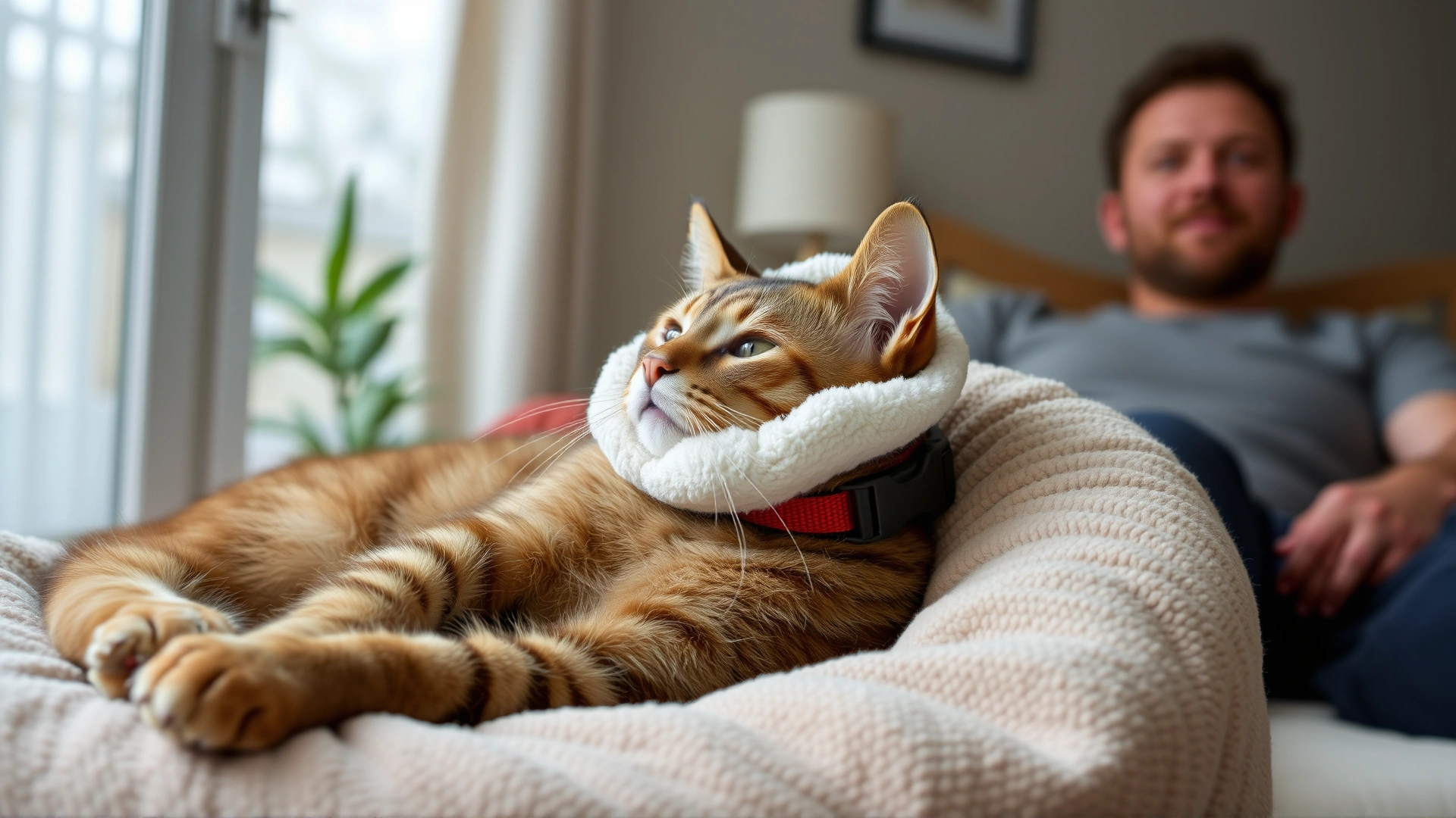 Cat wearing a soft recovery collar resting comfortably on a cozy bed at home with owner watching nearby.