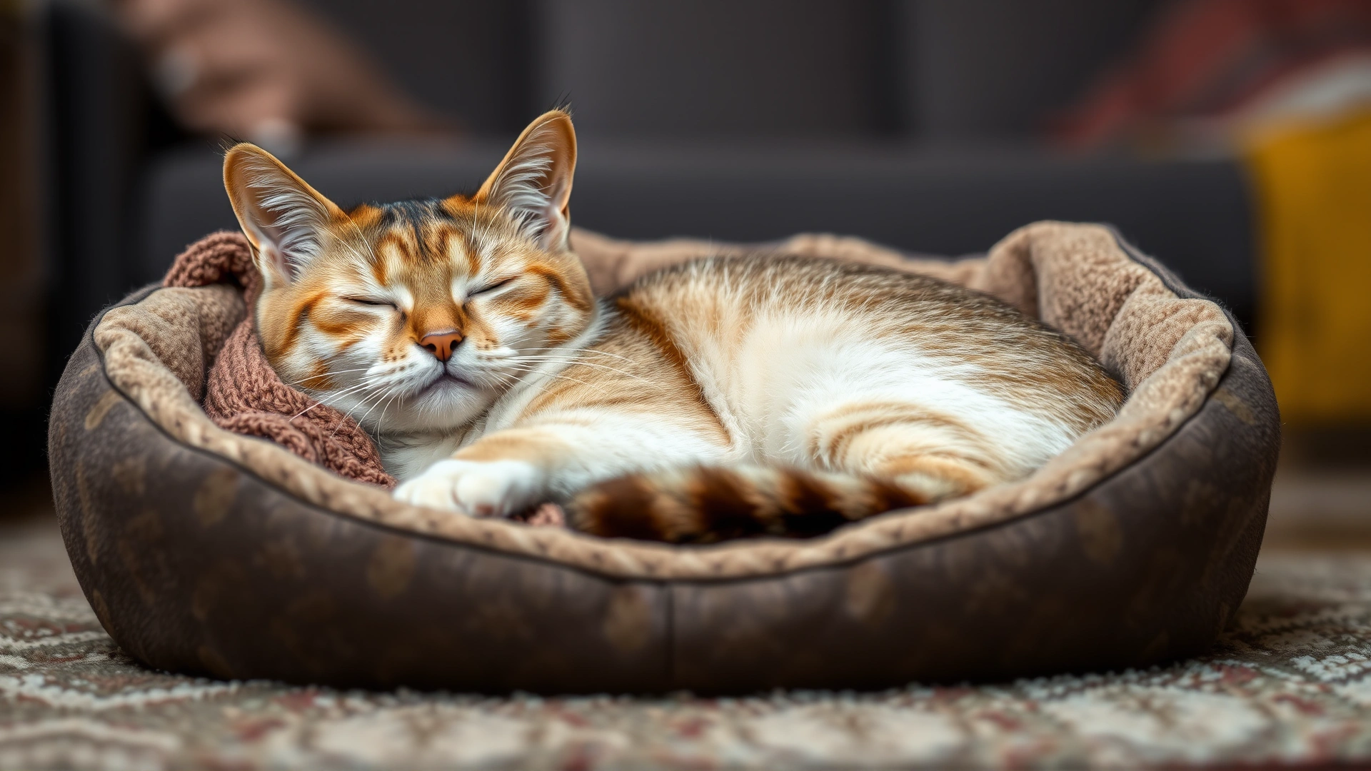 Peaceful image of a spayed female cat resting comfortably in a cozy cat bed with a warm blanket, living room background softly blurred.
