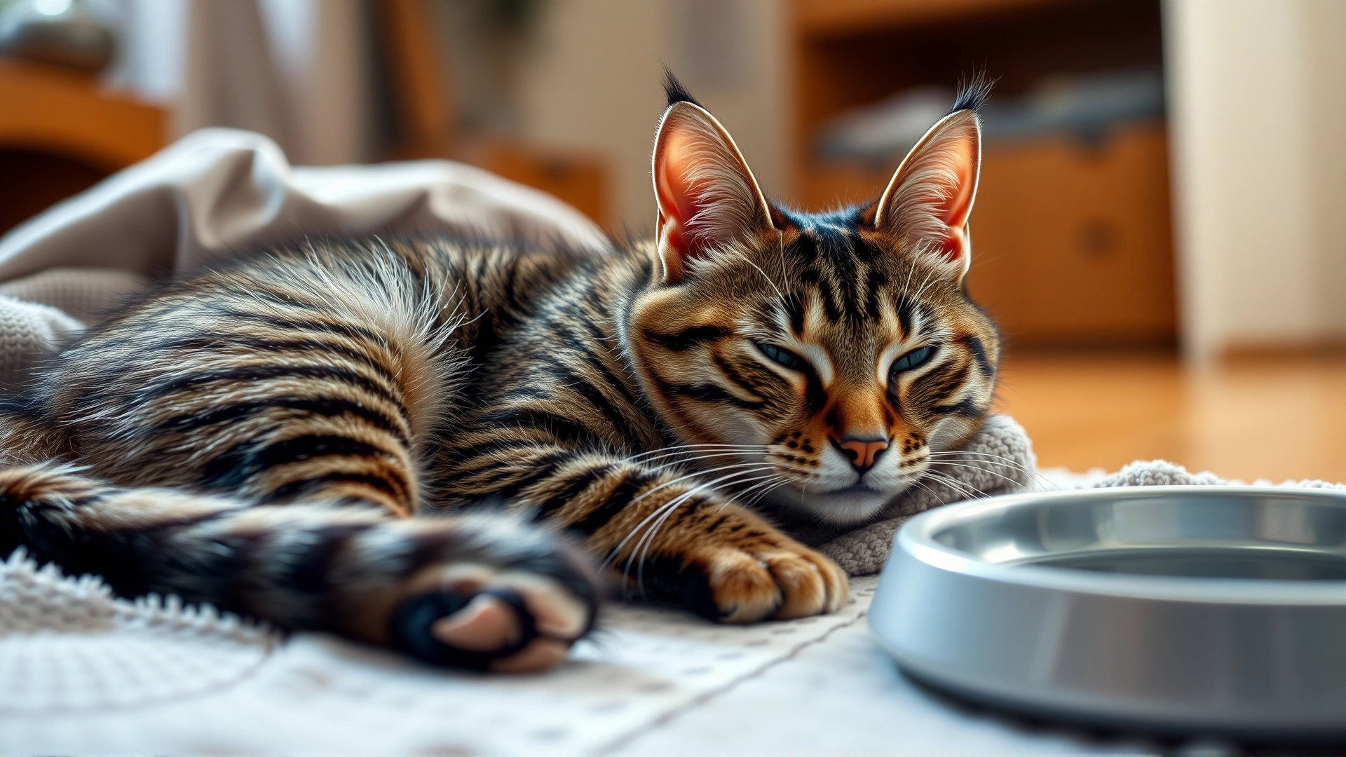 Tabby cat resting comfortably on a soft blanket at home with a water bowl nearby, warm cozy lighting, no text