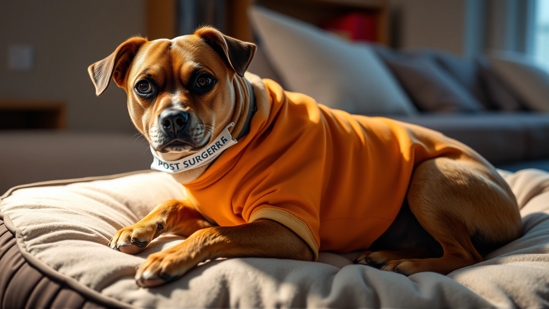 Dog wearing a post-surgery recovery shirt resting comfortably on a soft dog bed at home, warm ambient lighting