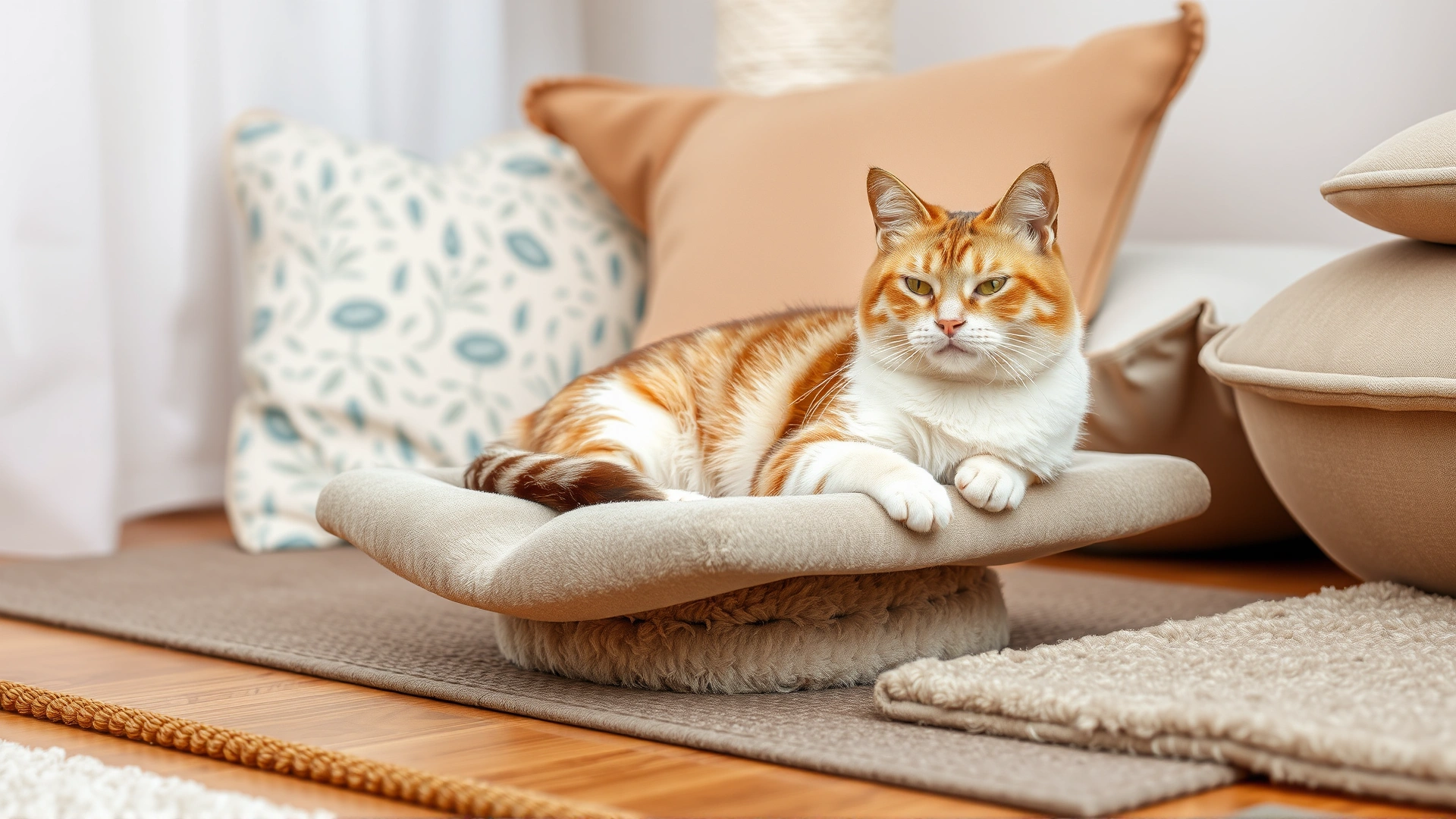 Indoor scene showing a cat resting on a low cat tree surrounded by soft mats and cushions, highlighting a safe environment
