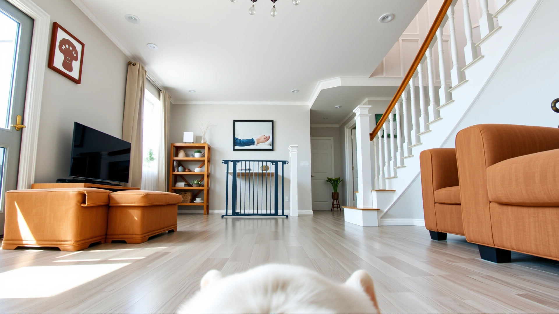 Living room with clear floor space, baby gate on stairs, and cushioned furniture edges, viewed from a low angle at dog-eye level