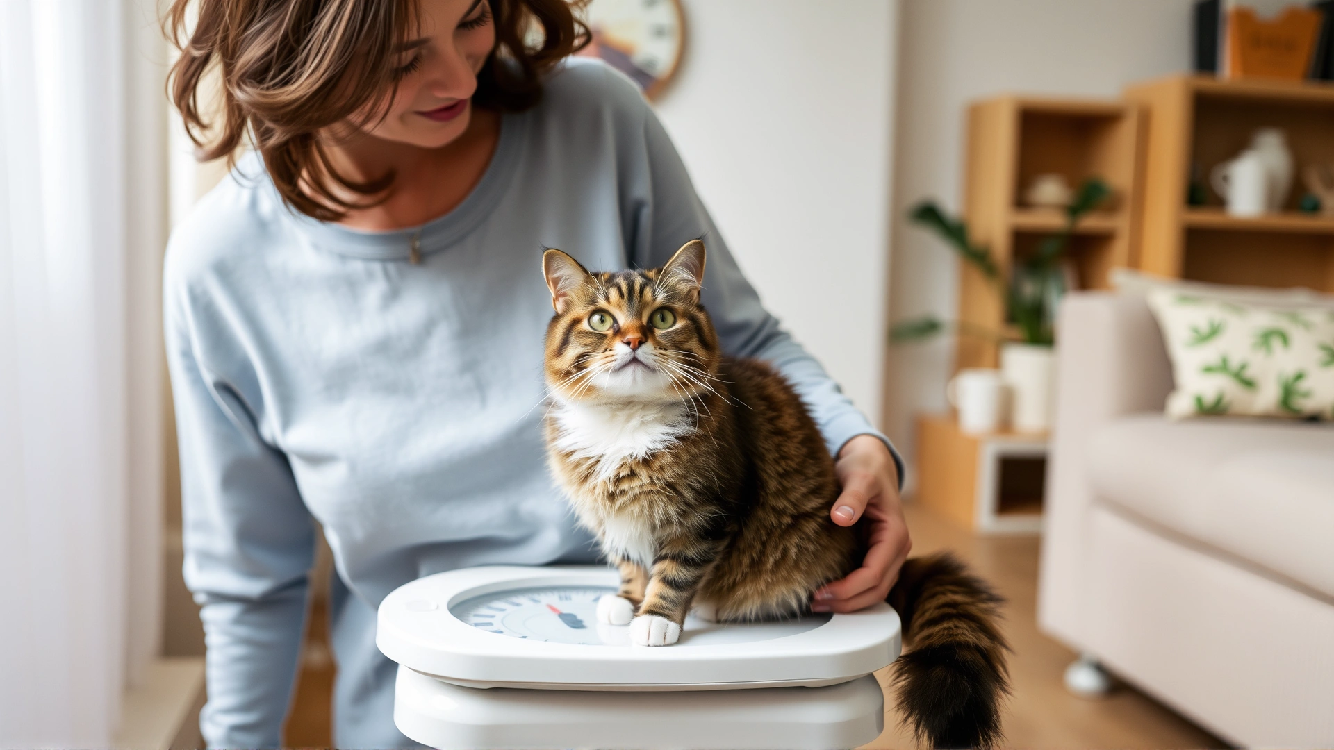 Female cat owner weighing her cat using a home bathroom scale in a living room setting with soft natural light.