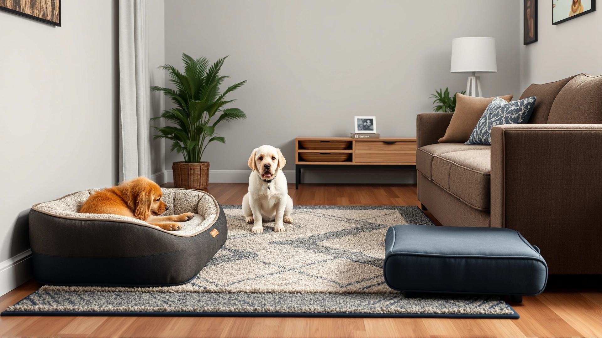 Cozy corner of a living room with a plush orthopedic pet bed, non-slip rug, and a small ramp leading up to a couch, prepared for an older pet.