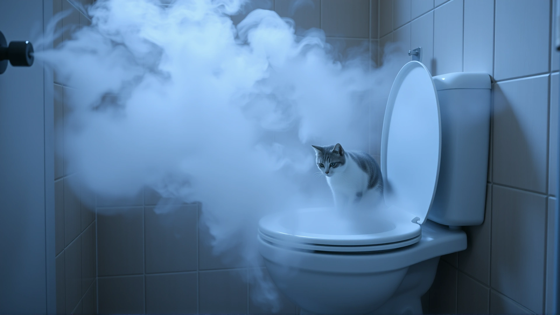 Image of a domestic bathroom filled with gentle steam, with a cat sitting comfortably on the closed toilet lid, depicting home steam therapy.