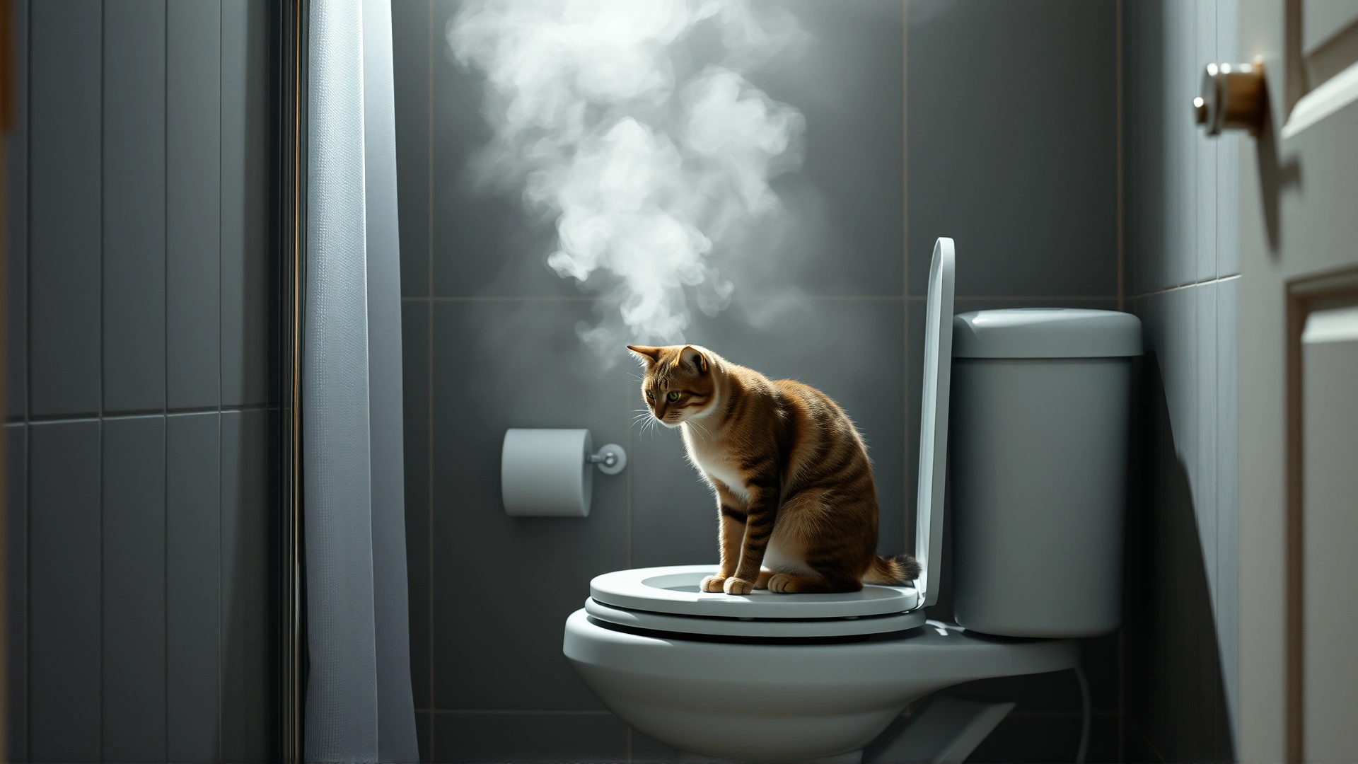 A bathroom filled with light steam from a hot shower, with a curious cat sitting on the closed toilet seat investigating the vapor.