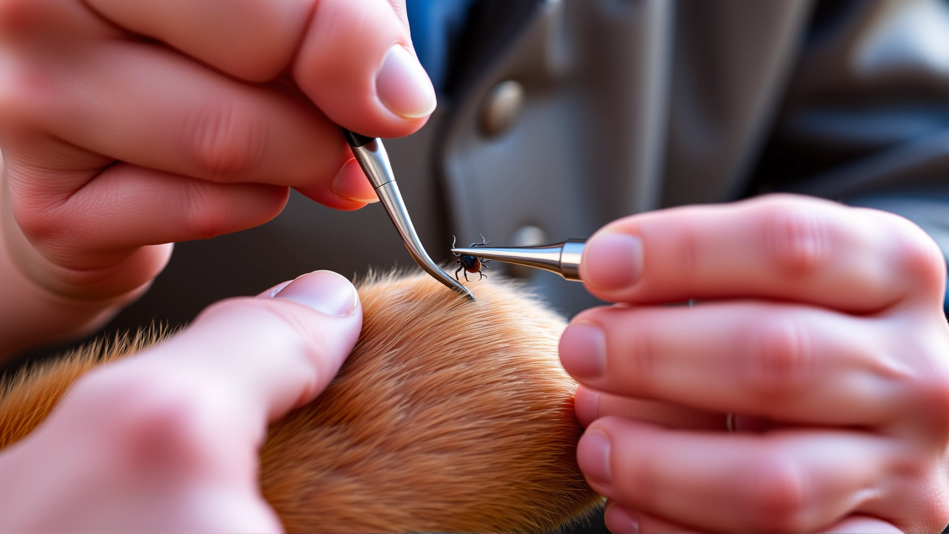 Dog owner using fine-tipped tweezers to remove a tick from a dog's skin, close-up of hands and tick tool, natural lighting