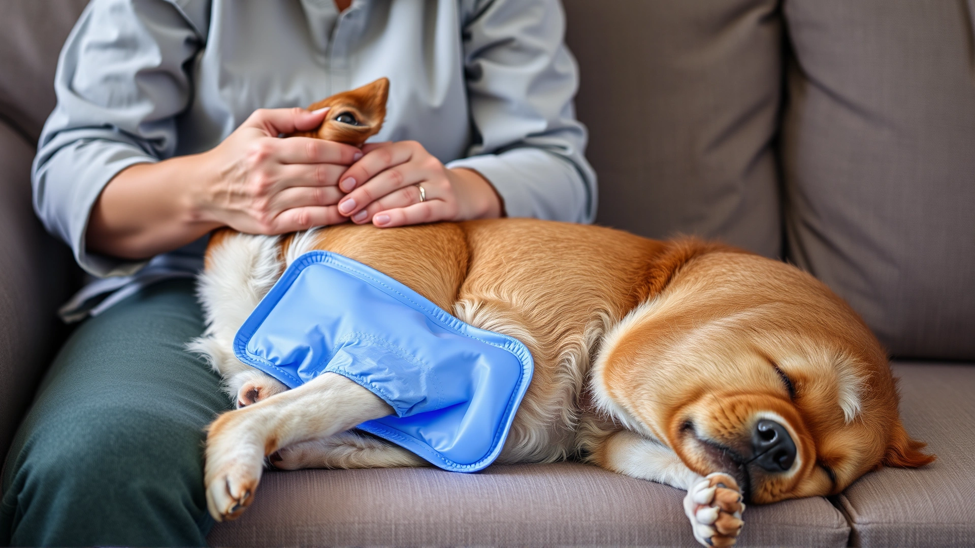 Photo of a dog owner applying a gentle cold compress to their dog’s abdomen while the dog lies calmly on a couch