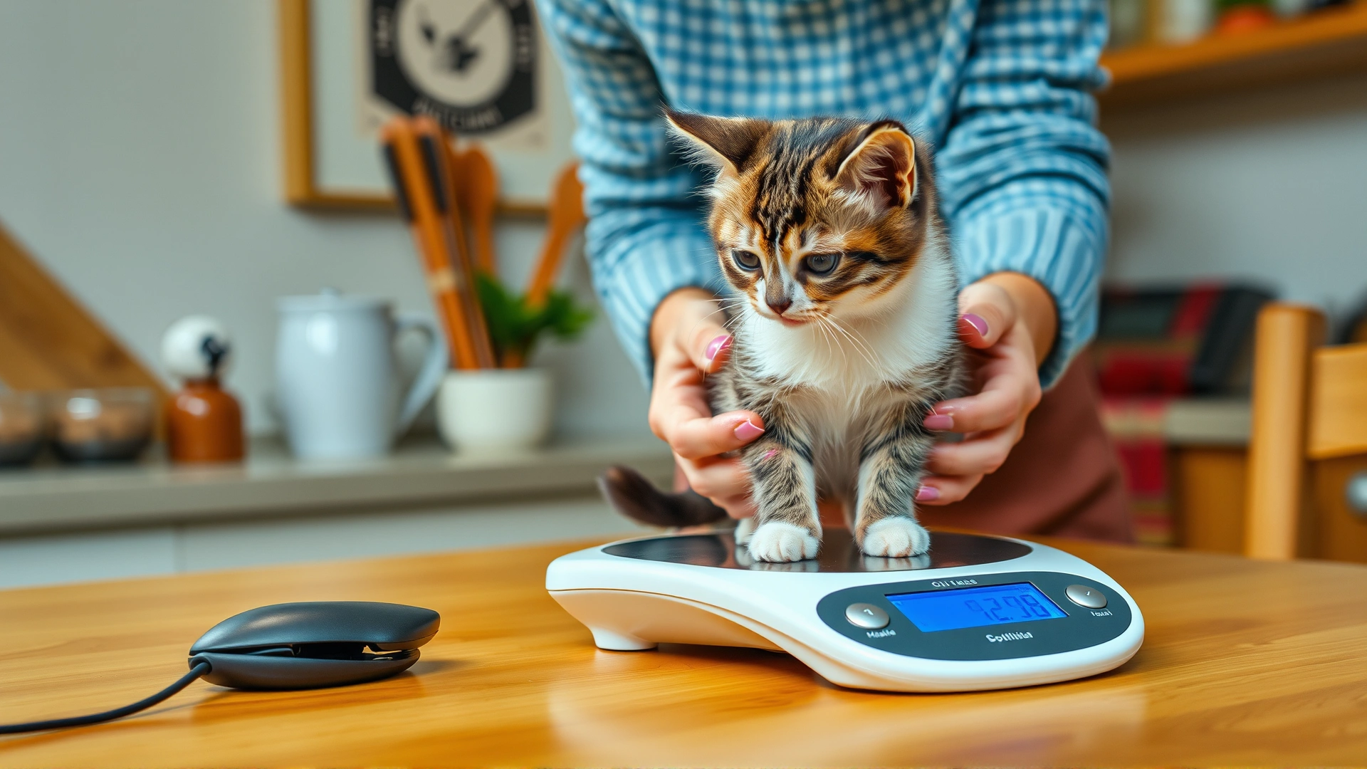 Cat owner weighing a small kitten on a digital kitchen scale at home, cozy kitchen environment, no text