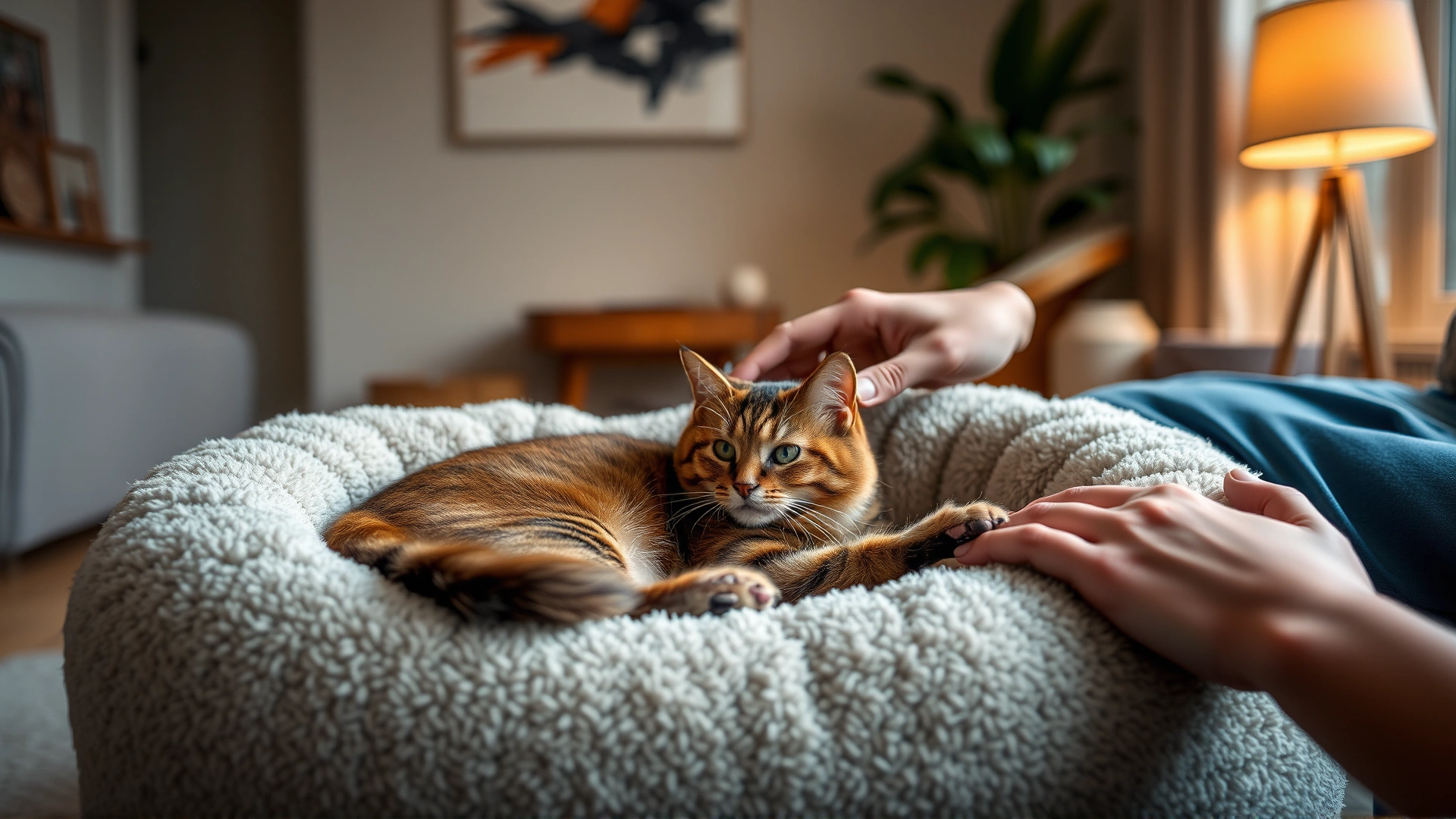 Calm living room where a cat is resting in a plush bed while an owner gently pets it, warm ambient light.