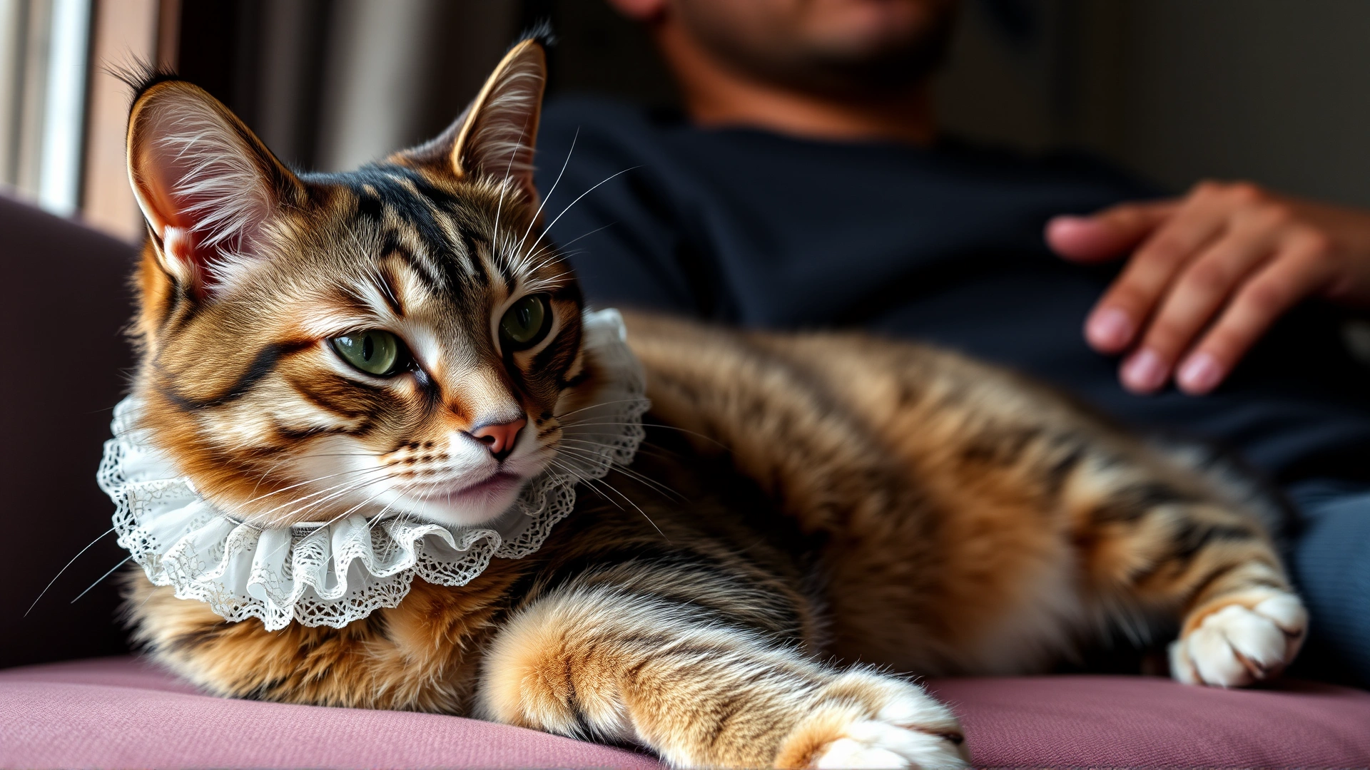 Cat wearing an Elizabethan collar resting comfortably at home with owner nearby offering gentle care