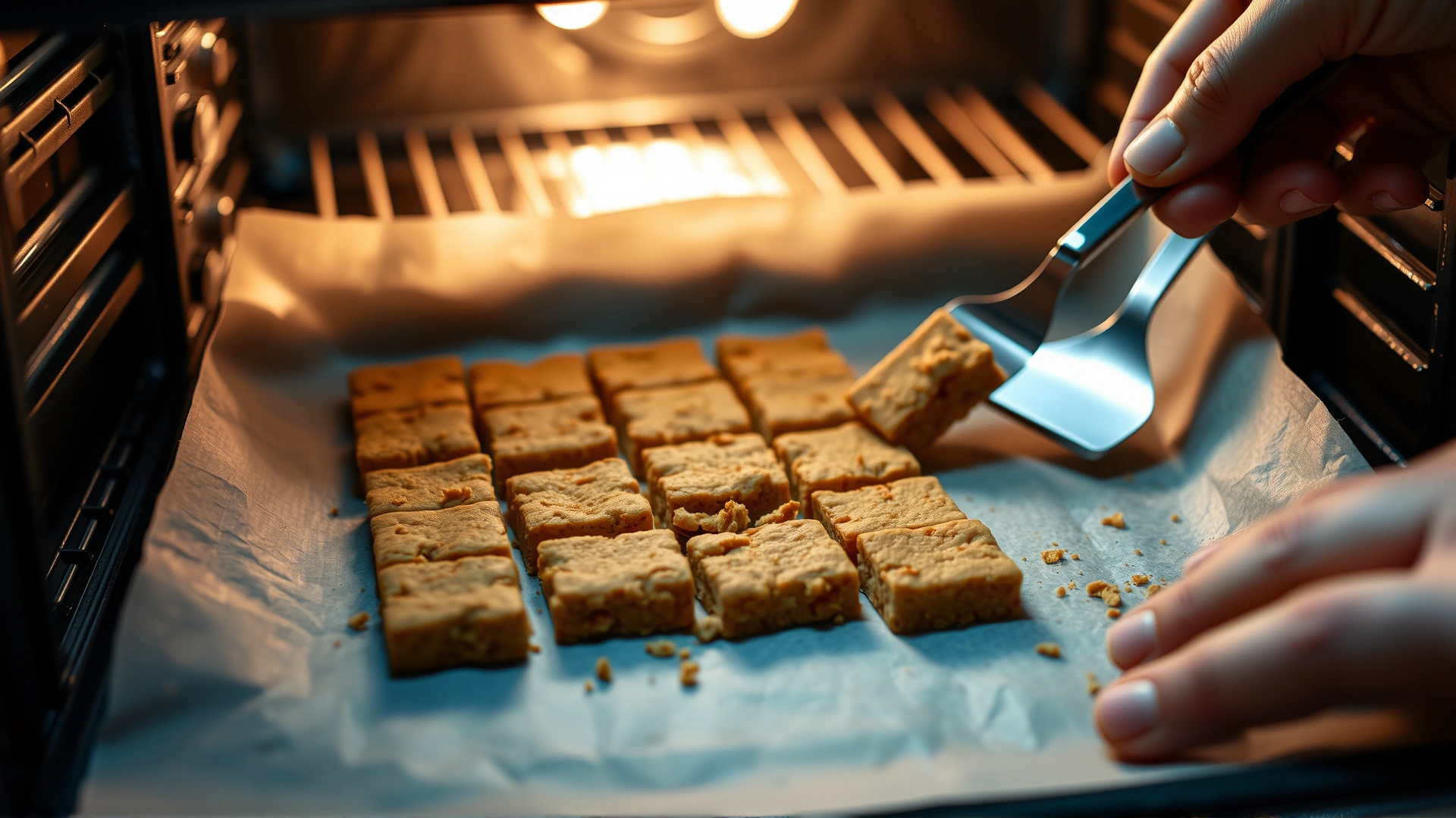 Freshly baked homemade cat treats cut into small squares on a parchment-lined baking tray, human hand using a spatula, warm oven light.
