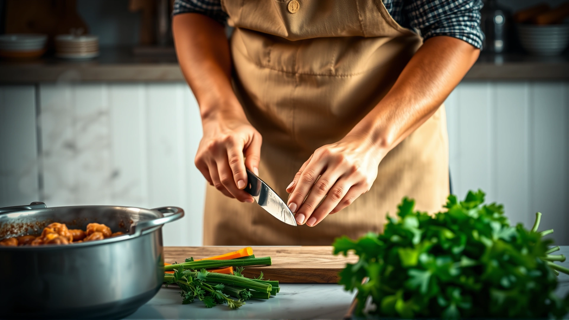 Person wearing an apron chopping fresh organic vegetables next to a pot of simmering dog food on a kitchen counter, warm lighting