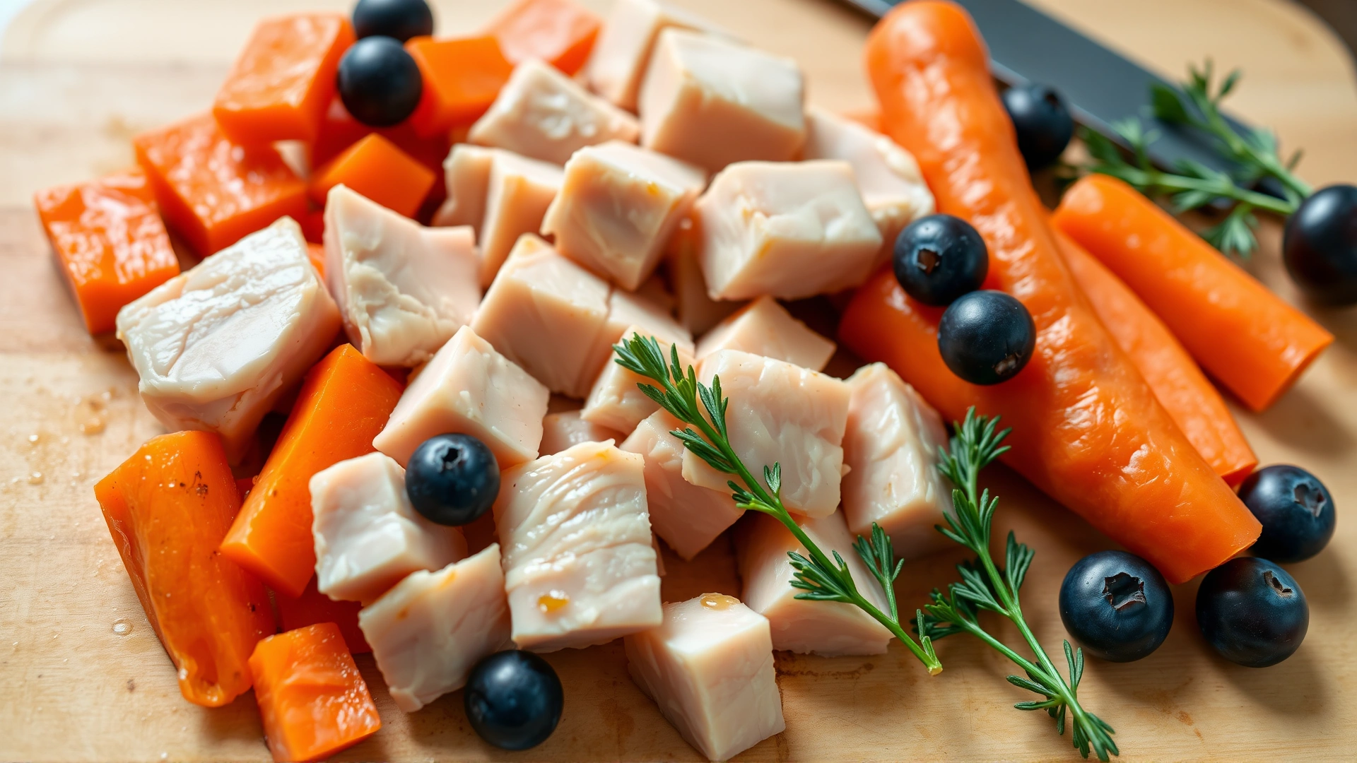 Cooked lean chicken breast cut into cubes, steamed carrots, and blueberries arranged neatly on a cutting board, ready to be added to a dog’s meal.