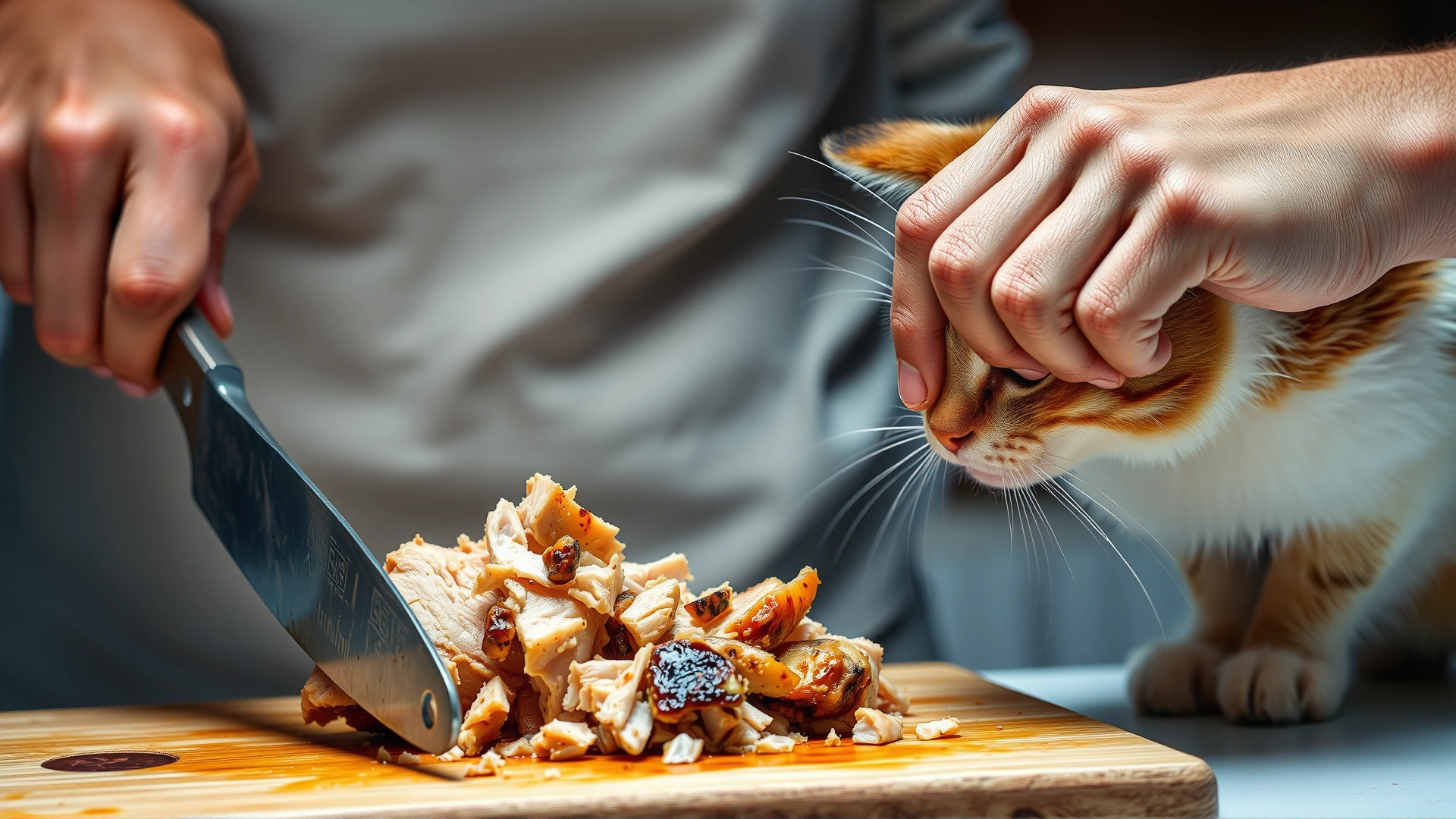 Cat owner shredding cooked chicken breast on a cutting board while a curious cat watches