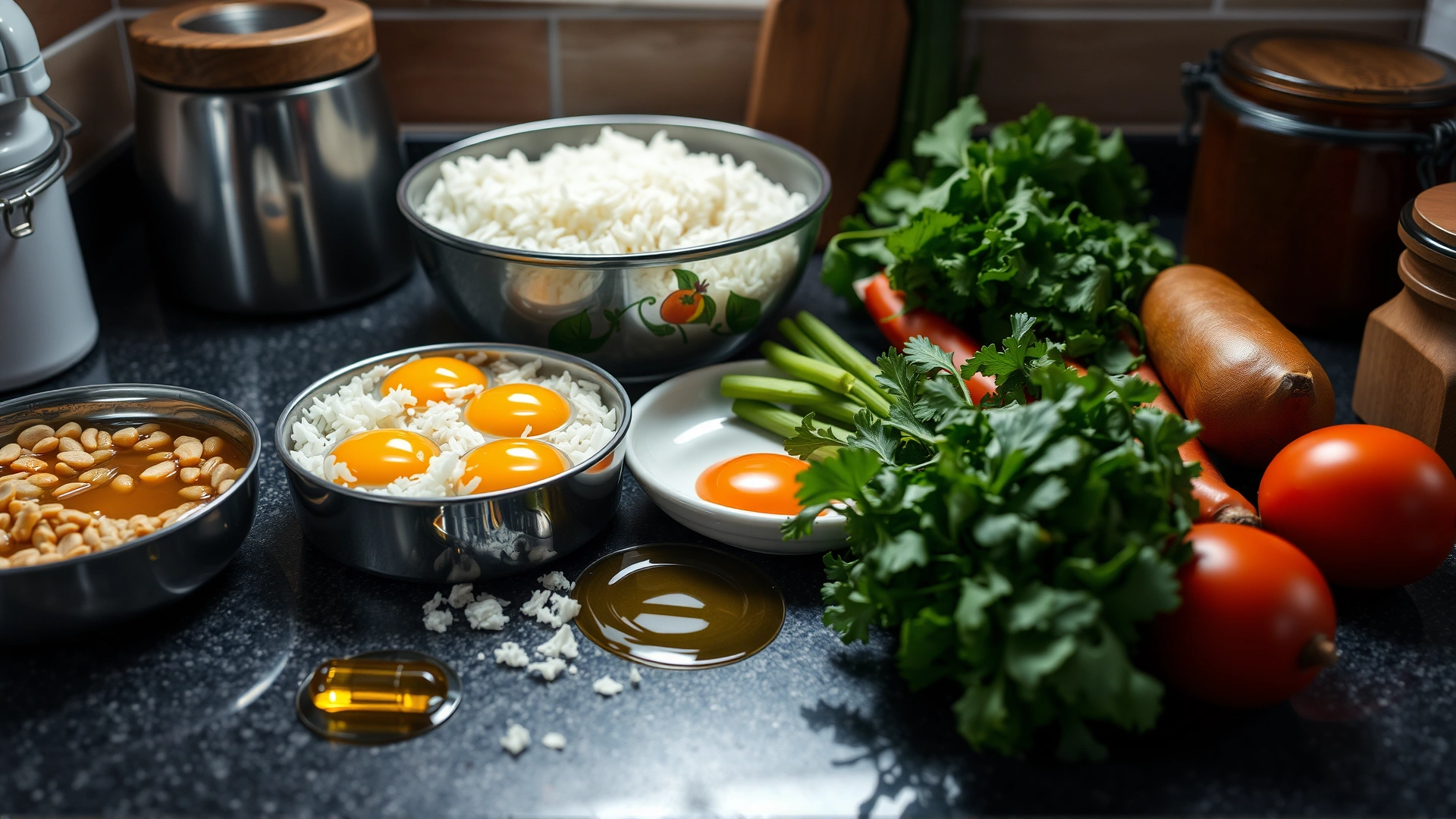 Kitchen counter scene showing neatly arranged homemade dog food ingredients: cooked rice, egg whites, vegetables, and fish oil capsule