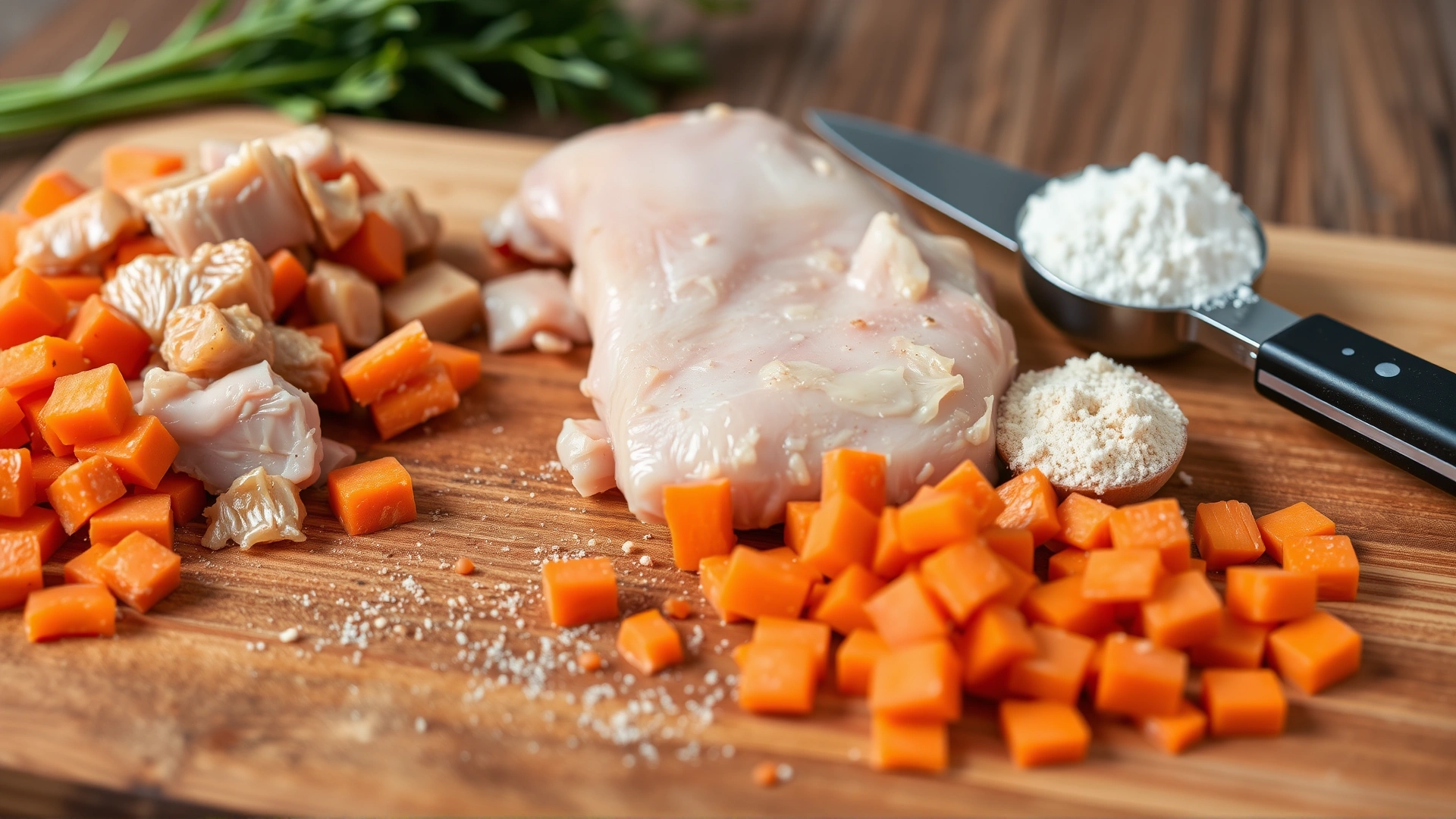 Close-up of a wooden cutting board with cooked chicken, chopped carrots, and a measuring spoon of supplement powder prepared for homemade cat food